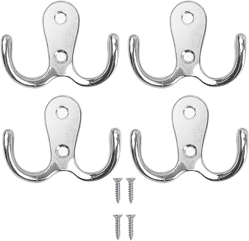 4 Pieces Double Prong Robe Hooks Metal Cloth Hanger Dual Coat Hooks Hanging Clothes for Bathroom Bedroom Door Wall for Coat, Scarf, Bag, Towel, Key, Cap with 8 Screws