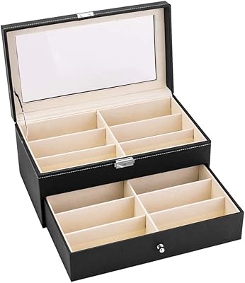 TSMMB Leather 12 Compartments Eyeglasses Storage box for Women Men Multiple Eyeglasses Eyewear Display Case Lockable Case Organizer with Drawer Black