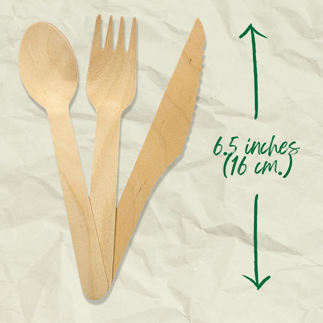Disposable Wooden Cutlery Set, 50 Spoons 50 Forks 50 Knives, 6.5 inches, Flatware For Camping, Catering, BBQ, Parties, and Picnic Utensils Disposable wooden