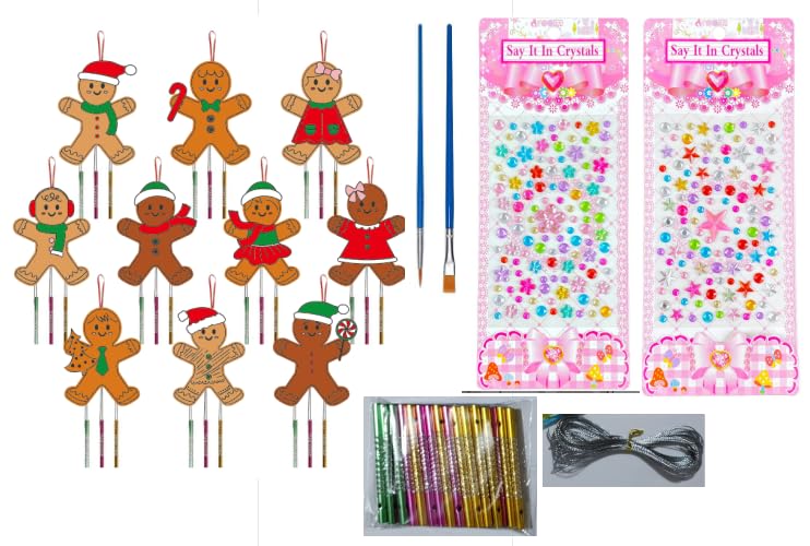 Whaline10 Packs Christmas Wind Chime Kit Unfinished Gingerbread Man DIY Coloring Wooden Crafts Xmas Make You Own Hanging Ornaments with Painting Brush for Home Party Decoration