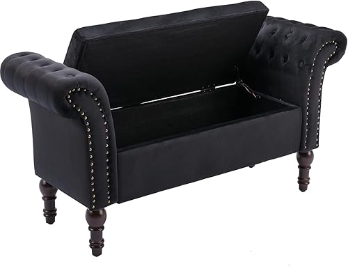 Guyou Banco de almacenamiento copetudo para dormitorio, extremo de la cama con brazos, banco de entrada armado de terciopelo con almacenamiento