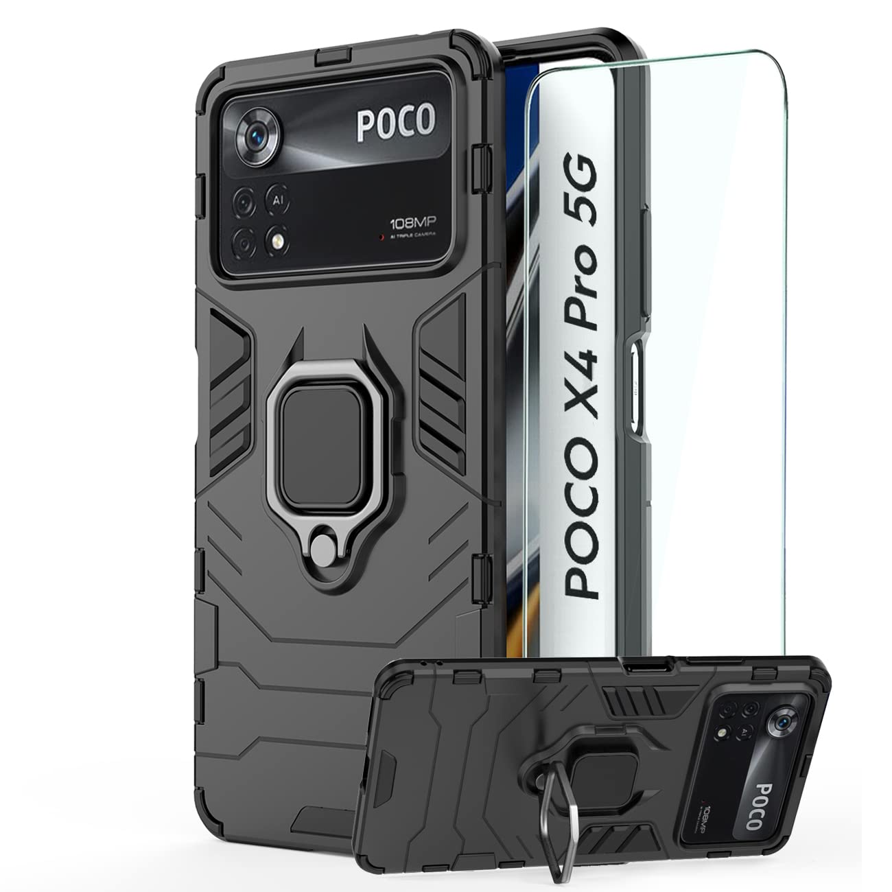 DERHAN Cover per POCO X4 Pro/POCO X4 Pro 5G con Vetro Temperato, Custodia Protettiva Resistente Antiurto Robusta Case con Supporto Magnetico Rotante a 360° - Nero