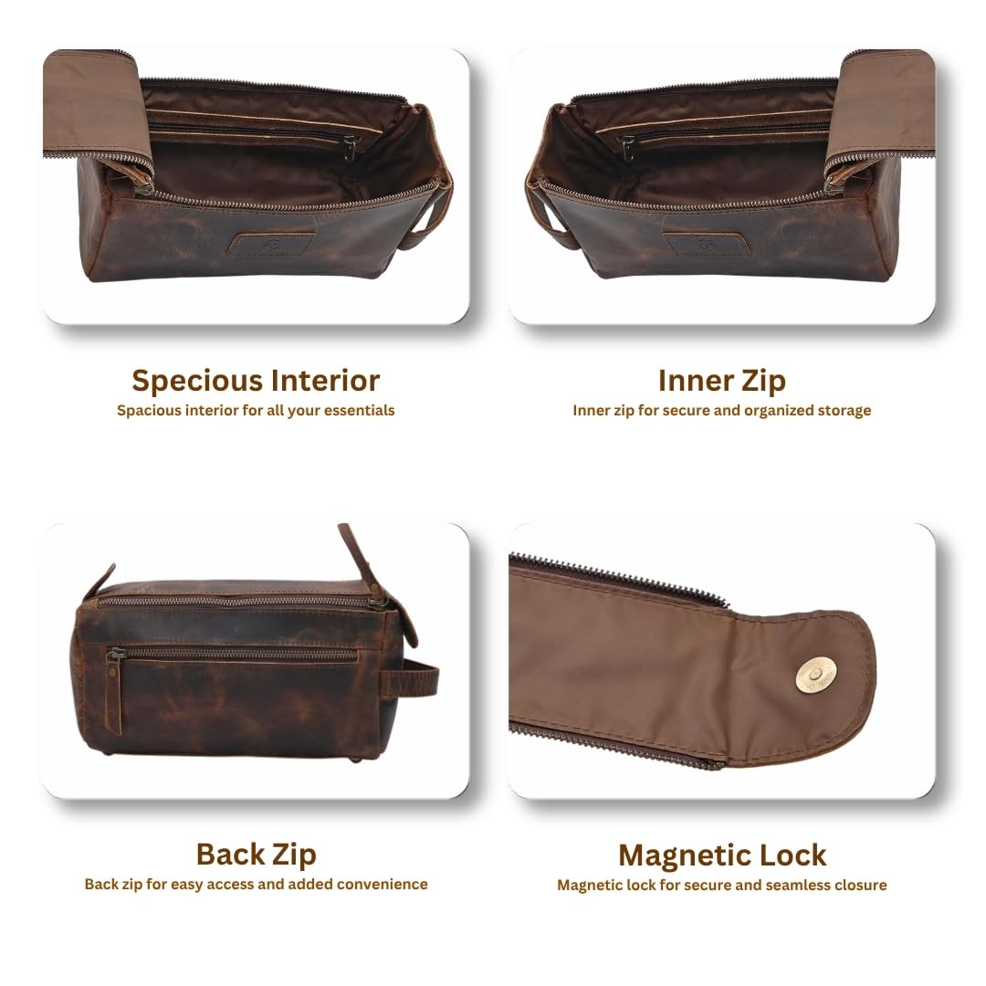 Neceser colgante de piel auténtica de búfalo con forro impermeable para hombres y mujeres, hecho a mano, vintage, de cuero marrón envejecido, kit de viaje, Interior espacioso: amplio