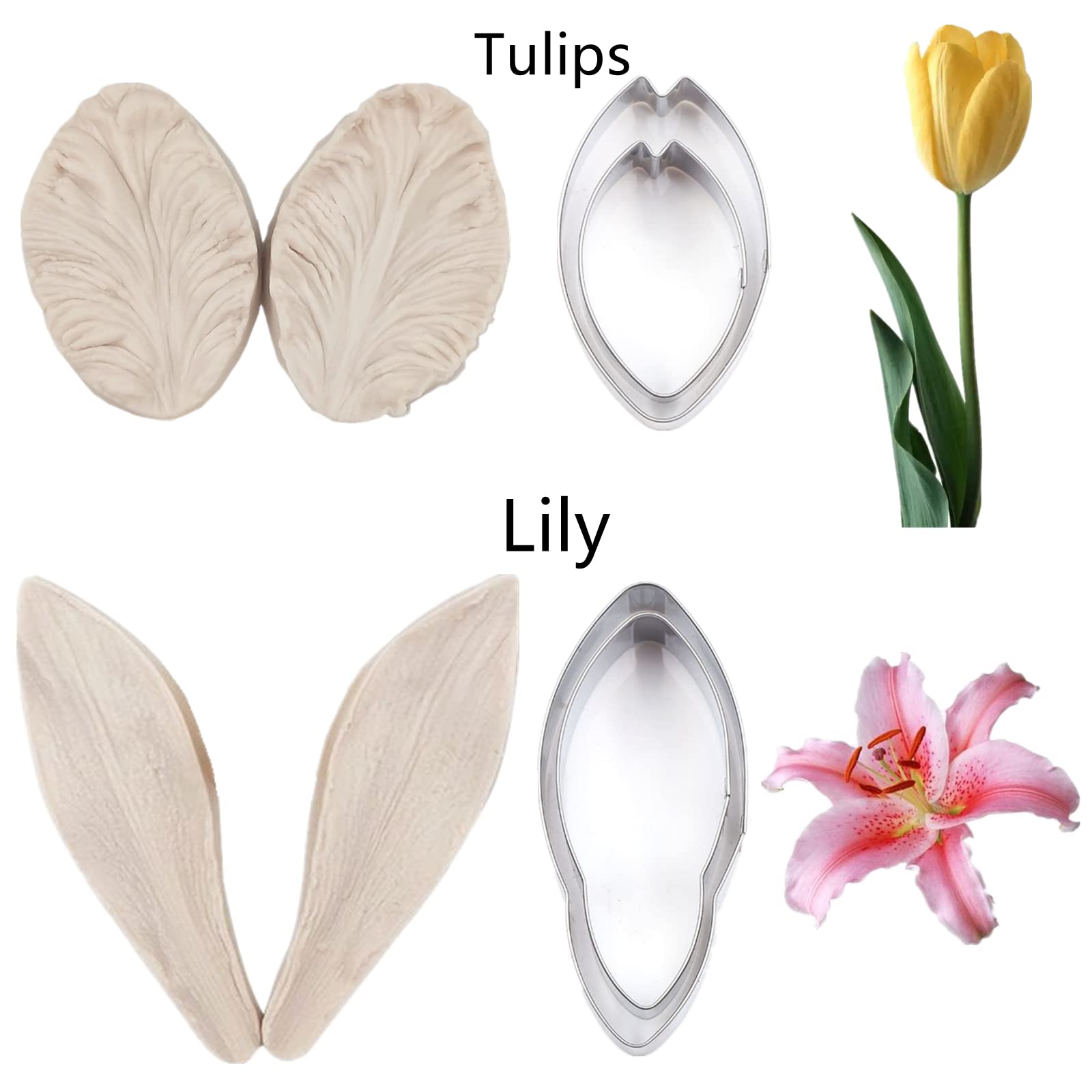 60 Stück Blütenpaste, Blumen- und Blatt-Werkzeug, 6 Set Fondant-Blumen-Silikonformen, 6 Set Gummipasten-Schneider, 20 Stück Zuckerpaste, Modellierwerkzeug, 6 Pinsel, 1 x Blütenblatt-Blätter,