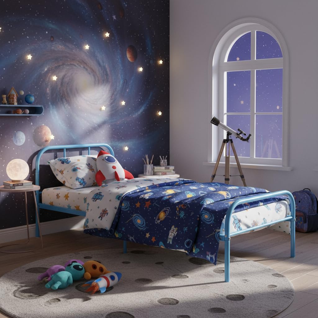 HOMYLIN Lit pour Enfant, Cadre de lit Simple en métal, Construction Durable, idéal pour Chambre d'enfant, dortoir d'adolescent, Convient pour Matelas de 190 x 90 cm, Bleu