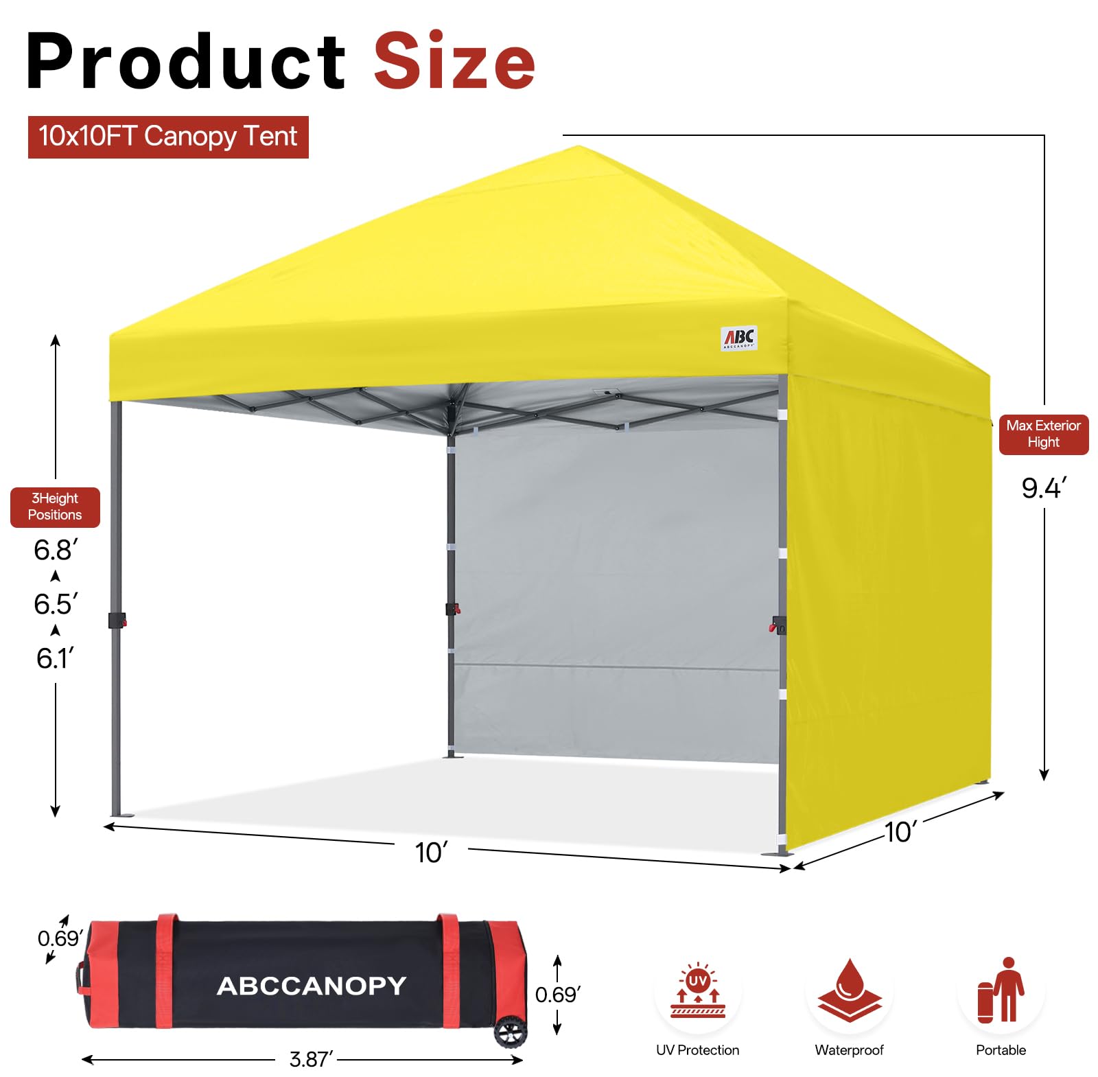 ABCCANOPY Faltpavillon UV50+ mit 2 Seitenwänden, Gelb 300 cm | 500D Polyester,wasserdicht, 4 Sandsäcke & Rolltragetasche – für Garten & Camping