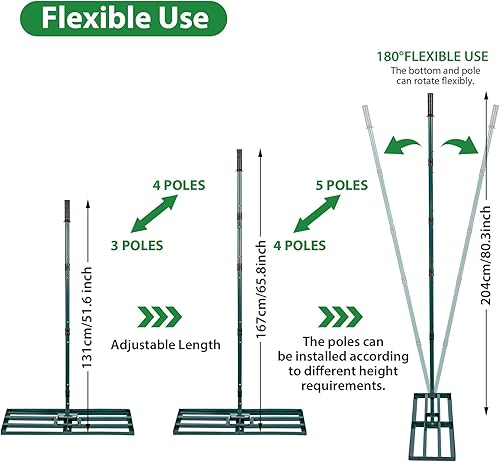 Miniatura 6 de Rastrillo nivelador de césped, nivelador de césped de acero inoxidable con placa de tierra de 30 x 10 pulgadas, mango largo ajustable de 78