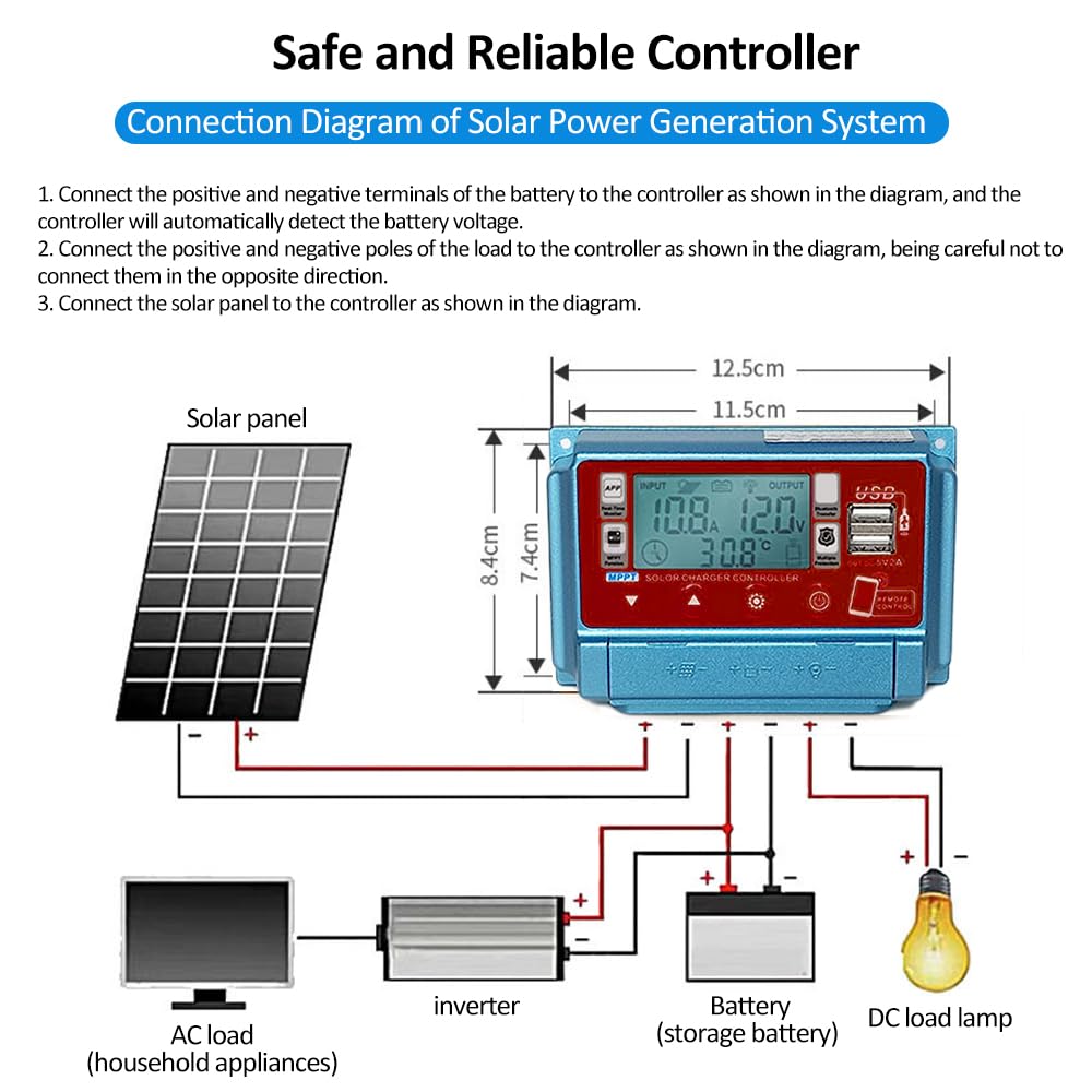 Contrôleur de chargeur solaire WiFi + BT 60A 12V/24V/36V/48V/60V Contrôleurs MPPT de charge Écran LCD Contrôleur de sortie double USB 5V Télécommande APP Contrôleur charge solaire
