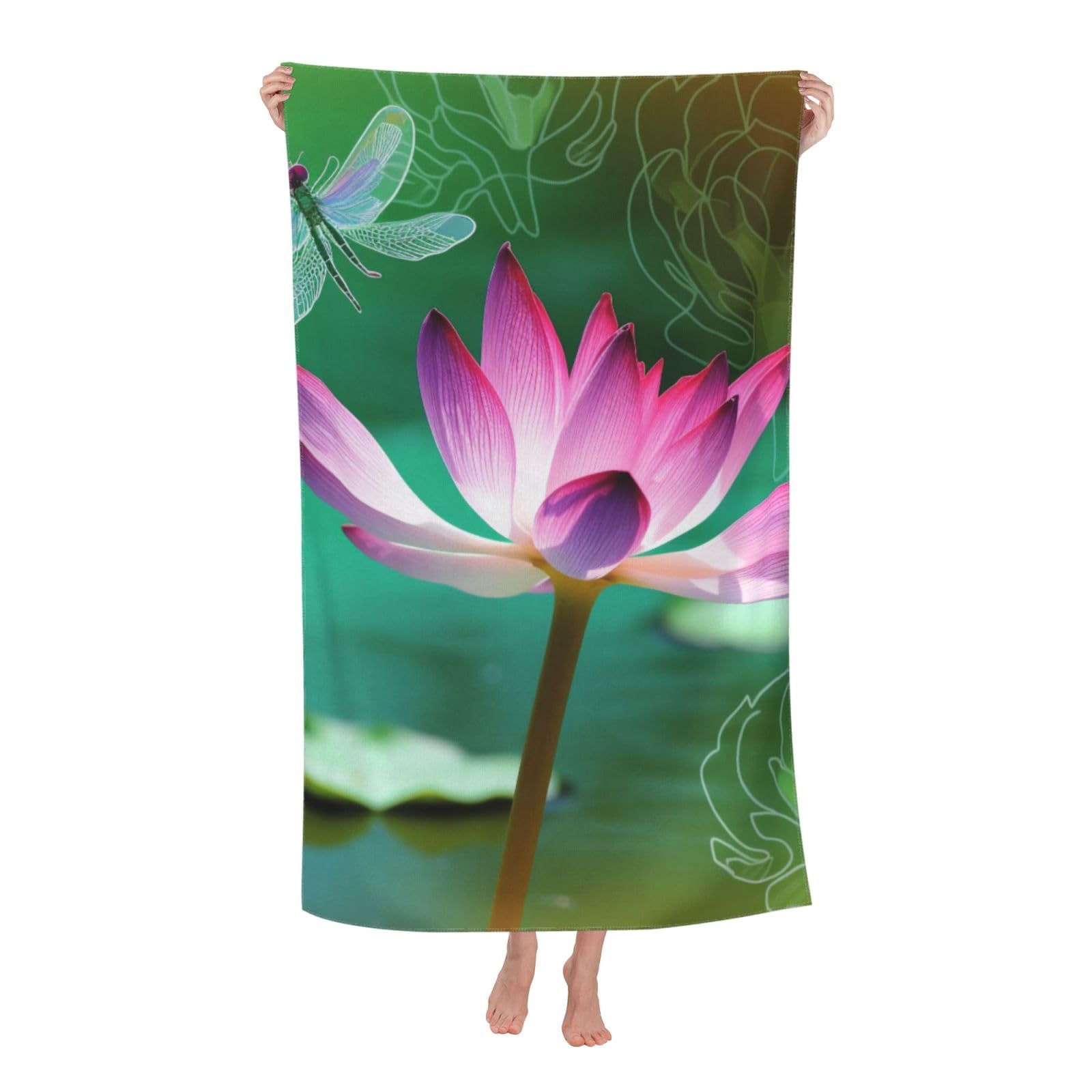 BWWHCCTI Lotus and Dragonfly Printed Quick Dry Bath Towel, Soft Microfiber Towels Fast Drying Beach Towels for Travel,Camping,Gym,Swimming,Yoga