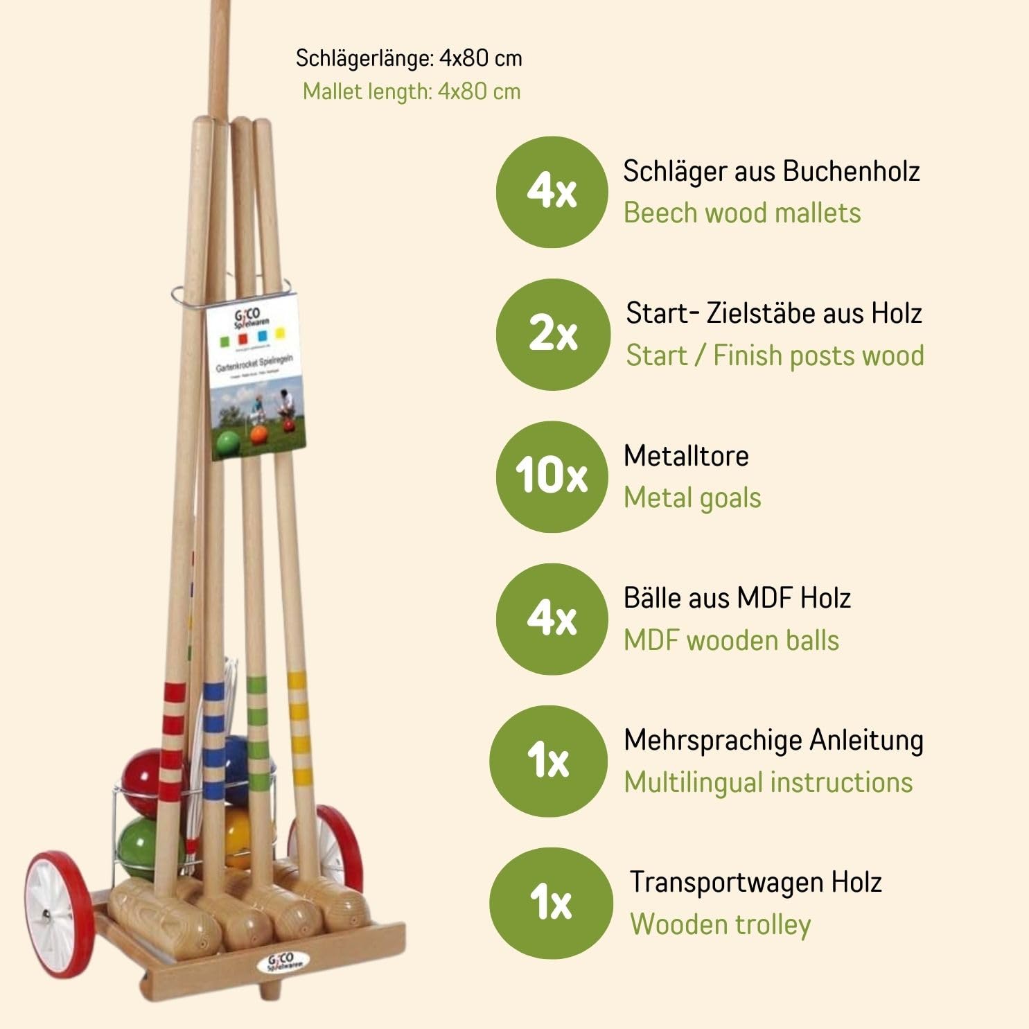 GICO Jeu de Croquet en Chariot en Bois - Plein air - 4 Joueurs - Maillets 80 cm