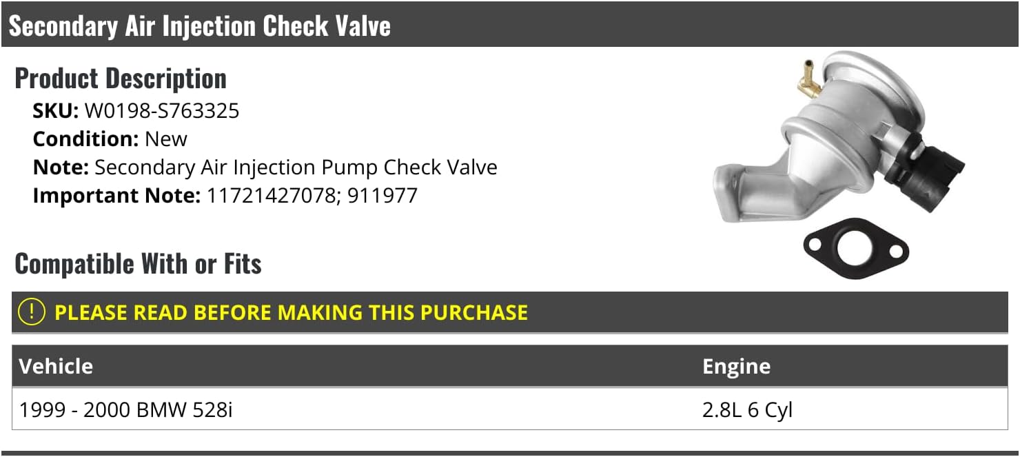 Secondary Air Injection Check Valve - Compatible with 1999-2000 BMW 528i 2.8L 6-Cylinder