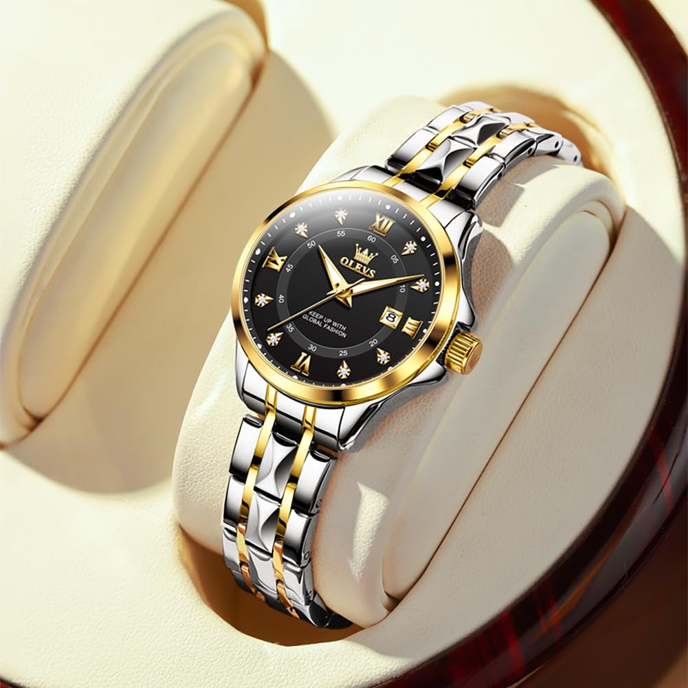 OLEVS Armbanduhr für Damen, zweifarbig, mit Datumskleid, Damenuhren für kleine Handgelenke, luxuriös, leicht ablesbar, wasserdicht, blau/schwarz/gold/silbernes Zifferblatt, Reloj para Mujer