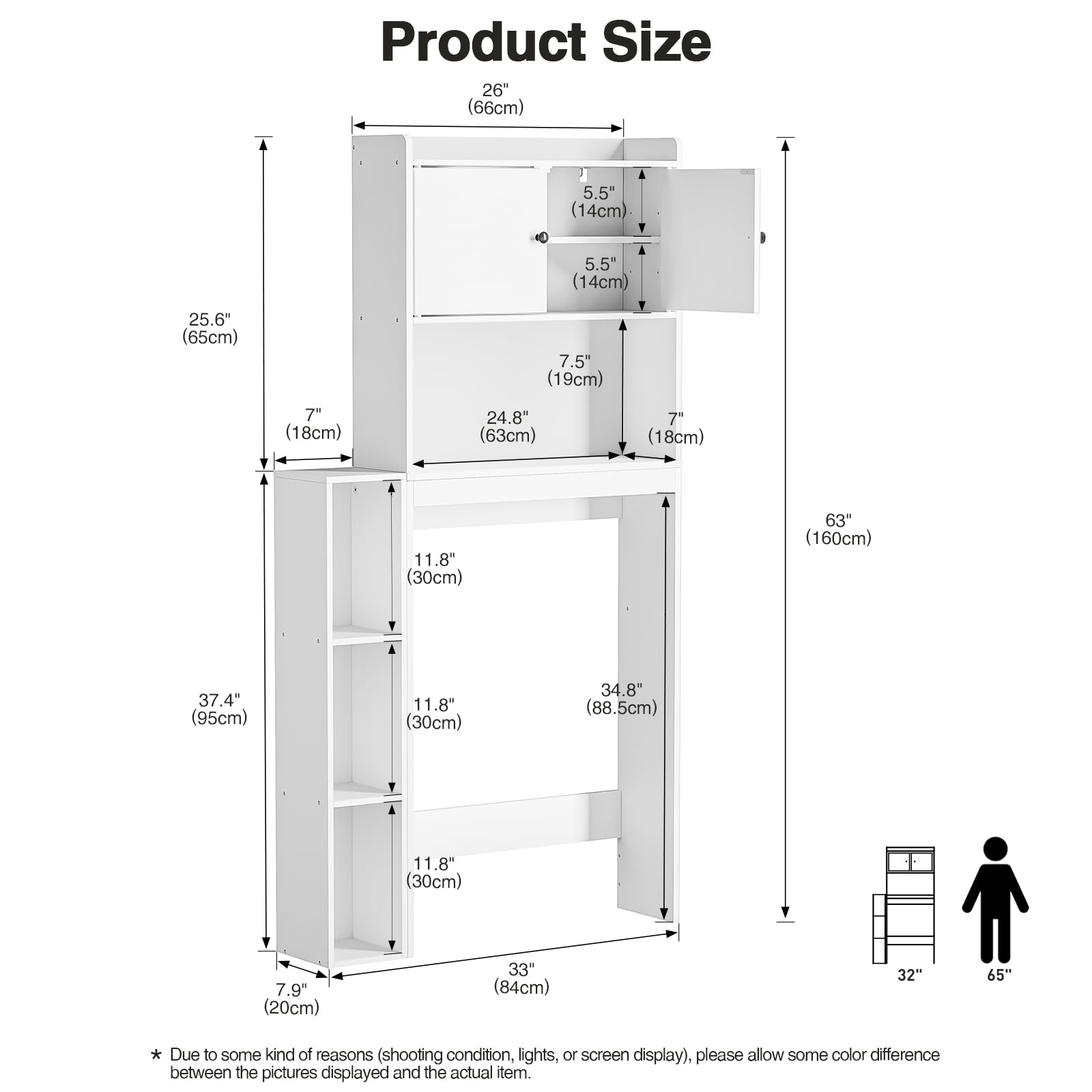 Waschmaschinenschrank mit 2 Türen - Weißer Badezimmerschrank 20x84x160 cm mit verstellbarem Einlegeboden & Seitenfach, 6 Fächer für Waschküche, Toilette & Bad