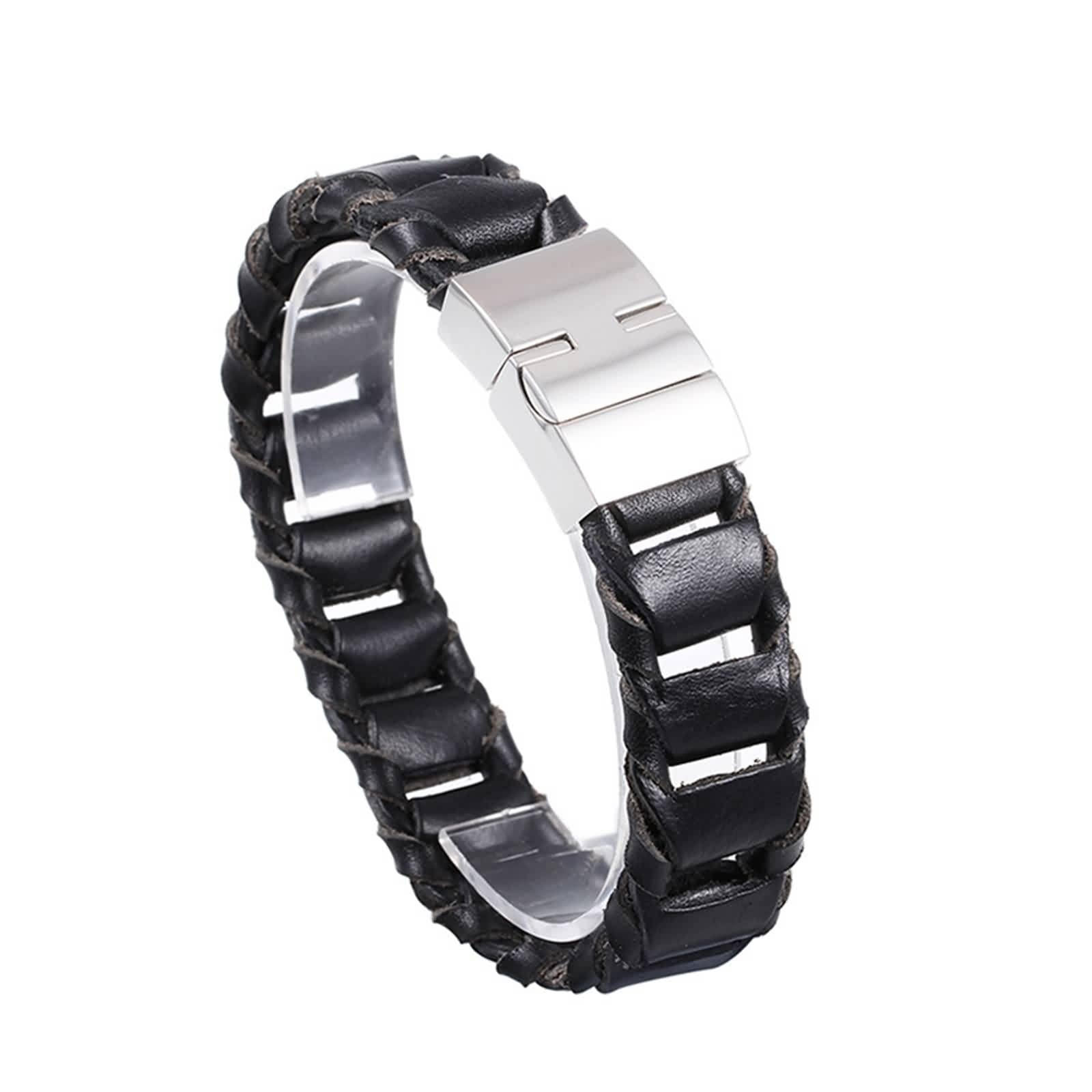 Bracelet Noir 20MM, Bracelet Vintage Femme Retro Acier Inoxydable Cuir Tresse de Mode 22CM Cool Bijoux Cadeau Homme