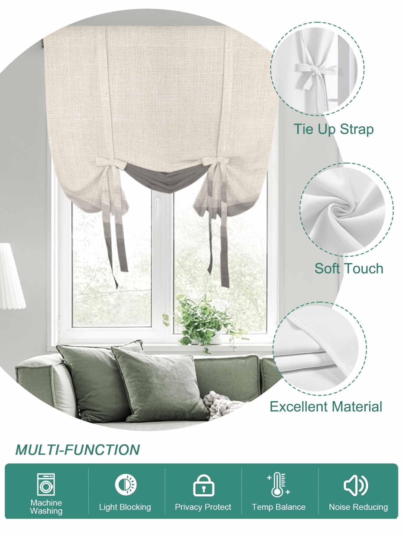 Tie Up Curtains for Windows Grey Beige Ombre Roman Shade 34 x 45 Inch Bathroom Curtains Window Minimalist Ocean Waves Linen Rod Pocket Short Balloon Curtains for Living Room Kitchen Small Blinds