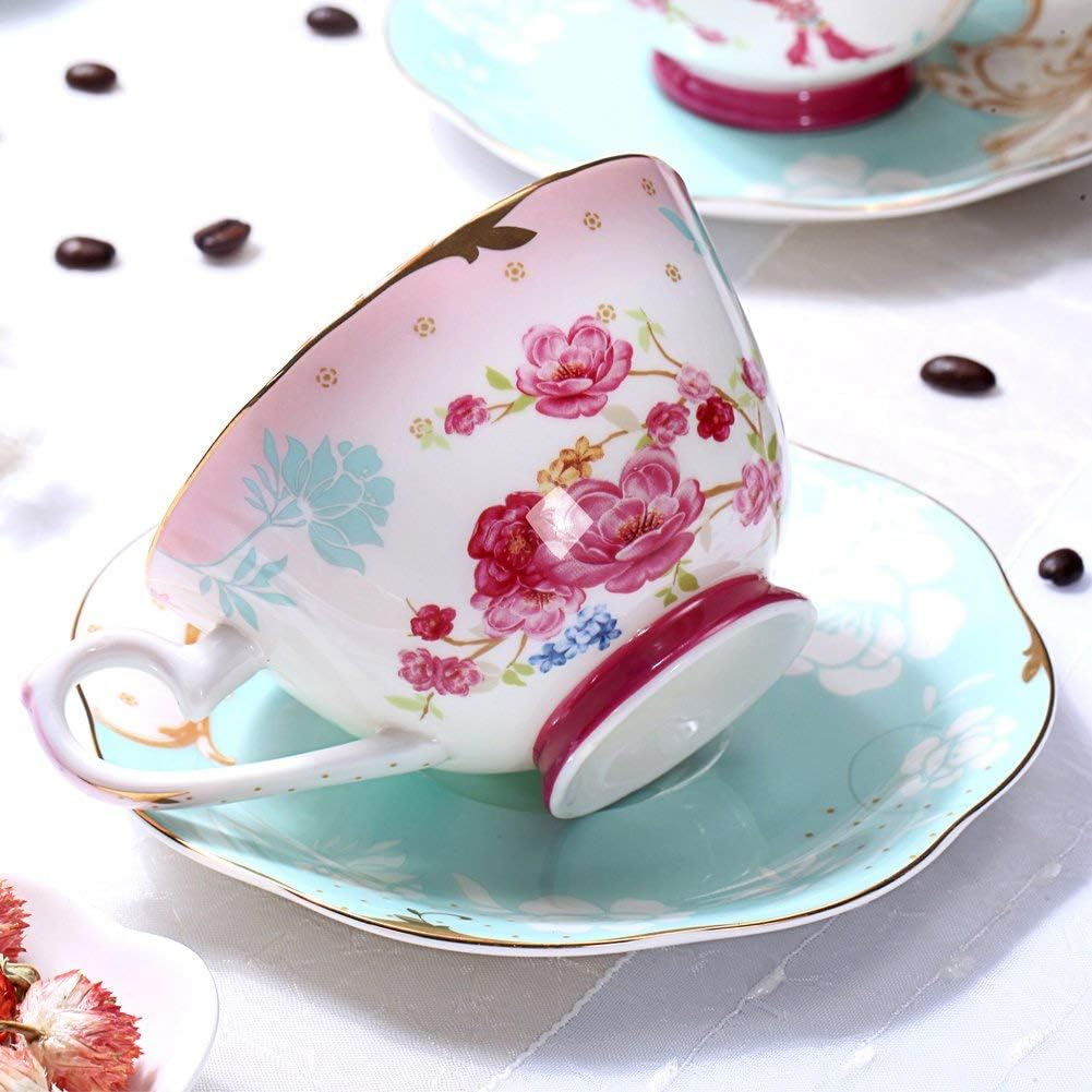Bone China Teacup and Saucer Sets Vintage Royal Style Tea Cup Red Flower Set 7-OZ