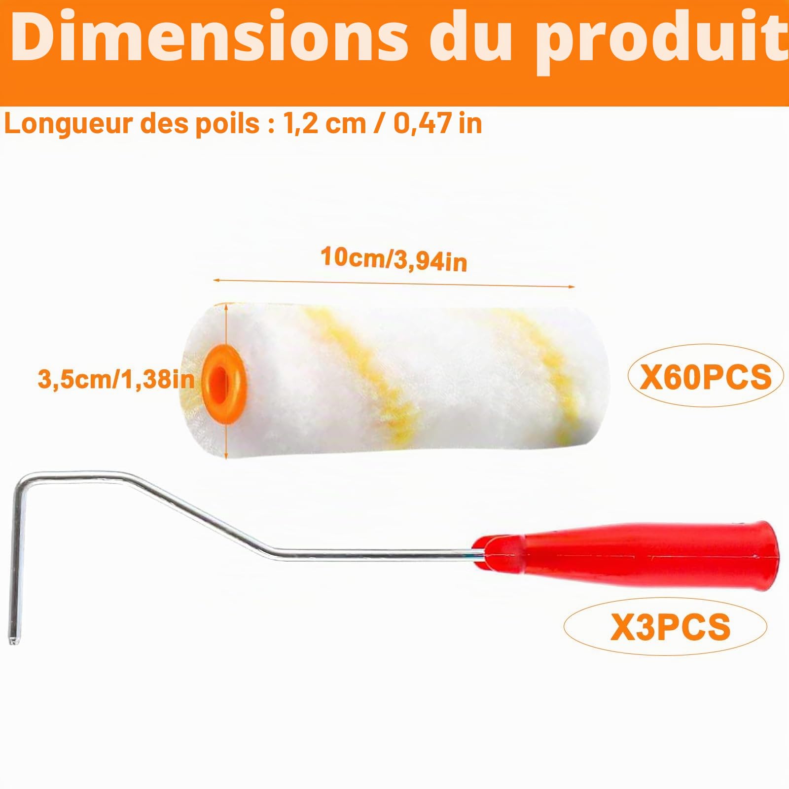 WOPPLXY Lot de 60 Rouleau Peinture, Longueur 10cm Petit Rouleau Peinture avec 3 x Longueur 30cm Manche, Mini Rouleaux Peintures pour Rénovation et Travaux de Peinture