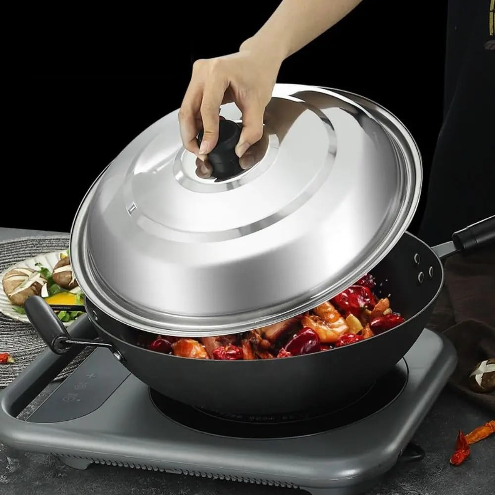 Tapa de Vidro Tapa de olla de acero inoxidable con nudo de plástico negro, antiderrames y antiescaldaduras, redonda, for wok de 32/34/36/38/40 cm(34cm)
