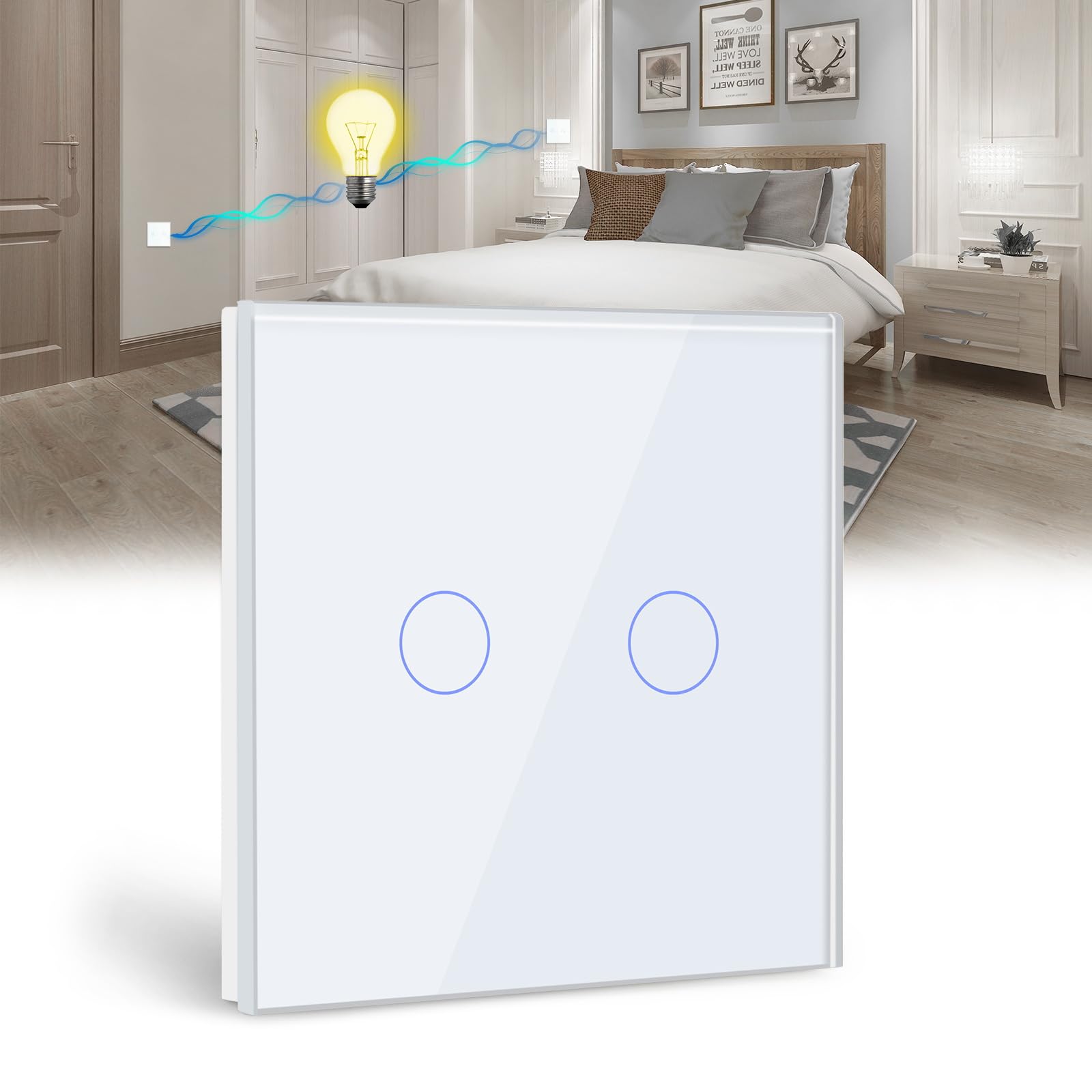 BSEED interruptor táctil de pared-2 Gang 2 Vías interruptor tactil pared Blanco,Interruptores de luz pared con panel de vidrio templado