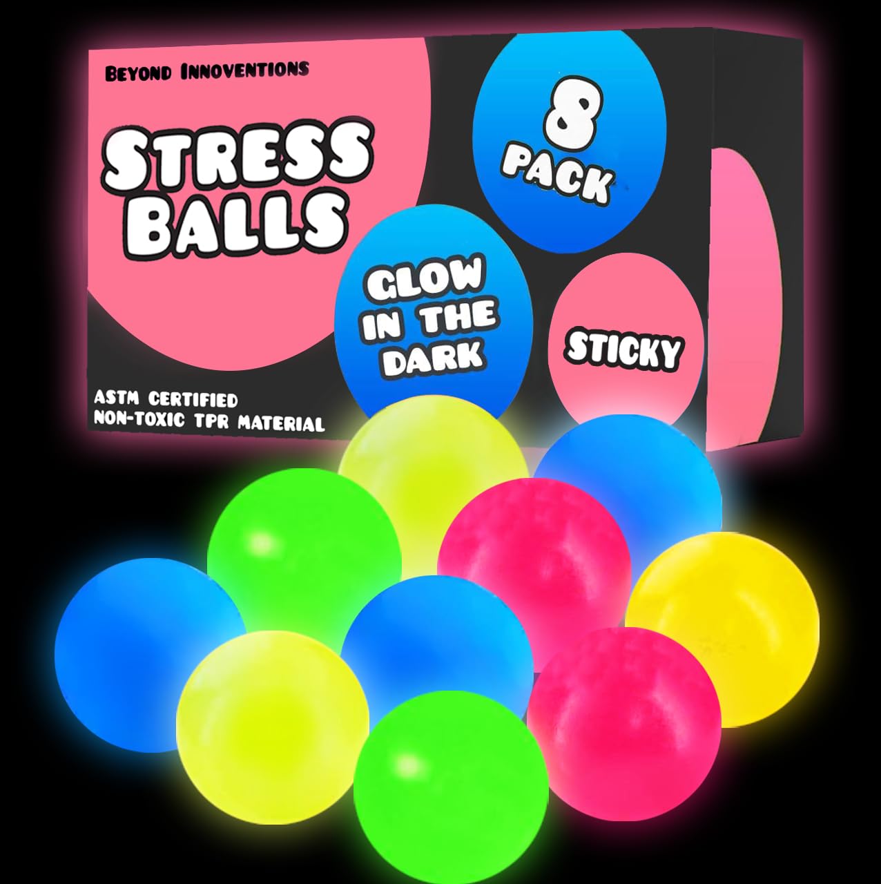 Glorbs Sticky Stress Balls - Fidget Toys Pack of 8 - Glow in The Dark Stress Ball - Sticks to Ceiling and Wall - Stress Relief Gifts, Party Favors, Squishy Toys, Anxiety Relief Stress Balls for Adults