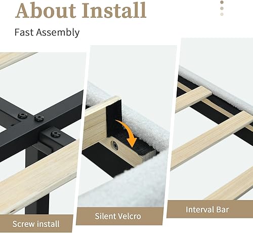 Miniatura 6 de Base de cama individual BarnFurin, cama plataforma con cabecero tapizado, base de cama de tela de bouclé suave con soporte de listones de madera,