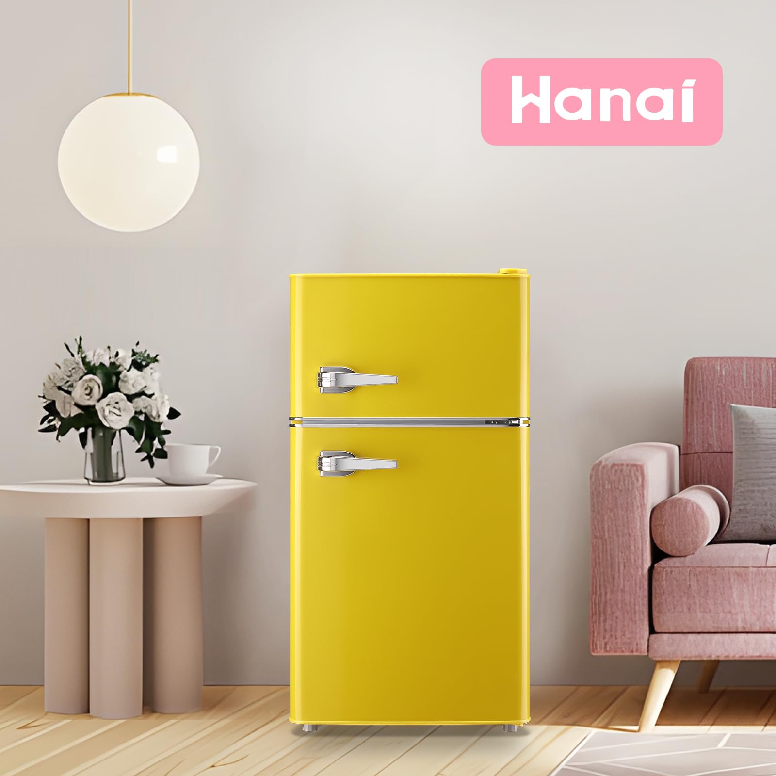 WANAI 3.5 Cu.Ft Small Refrigerators Retro Mini Fridge With Freezer Yellow Full-Sized Fridge Dual Door Dual Handle Classic Removable Glass Shelves Adjustable Thermostat For Home Office Dorm RV on Fridge.com - View 5