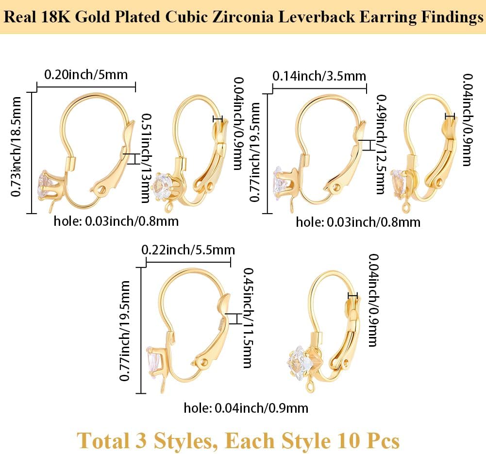 Beebeecraft 1 Box 30Pcs Leverback Earring Hooks Real 18K Gold Plated French Earwires with Loop Cubic Zirconia Ear Hooks Lever Back Earring Findings for Jewelry Making Supplies DIY Beginner Women