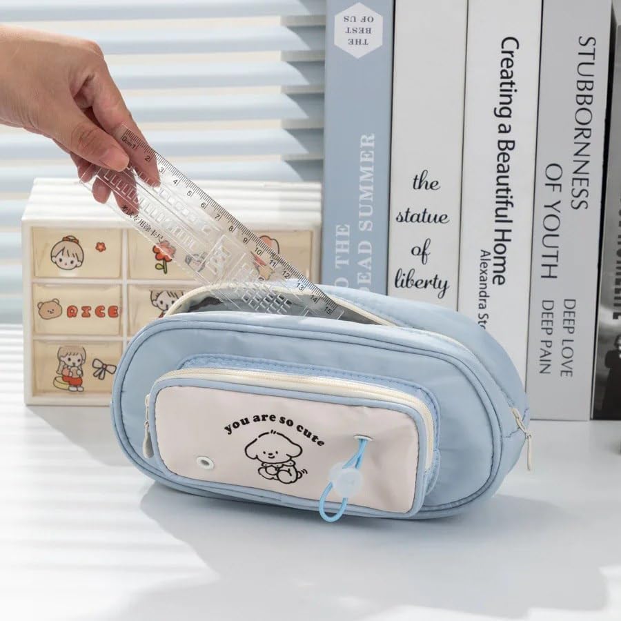 Image of Canvas School Bag Pencil Case, 3 Layer 6 Compartment Large Capacity, Aesthetic Pencil Pouch for Stationary, Cute Stationery for Kids, Pencil Case for Girls & Boys (Blue Cream)