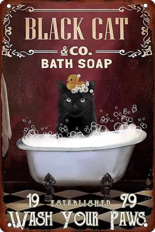 RIFOSA 12"x8" Vintage Wall Decor Black Cat Bath Soap Wash Your Paws ...