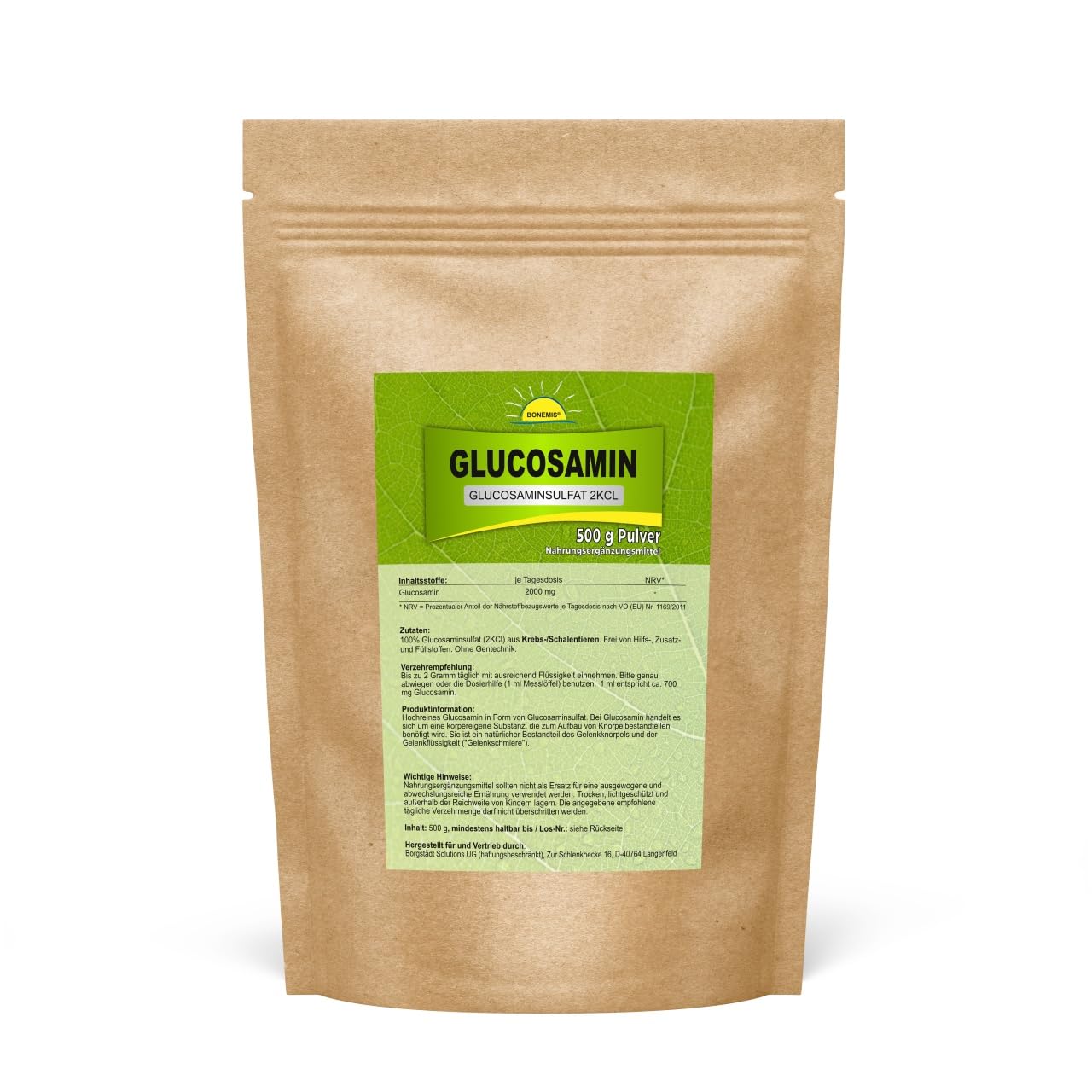 Glucosamin, Pulver, 1 kg (2 Beutel à 500 g), Premiumqualität ohne Zusatzstoffe (Glucosaminsulfat 2KCl), Standbodenbeutel aus Kraftpapier (aluminiumfrei!)