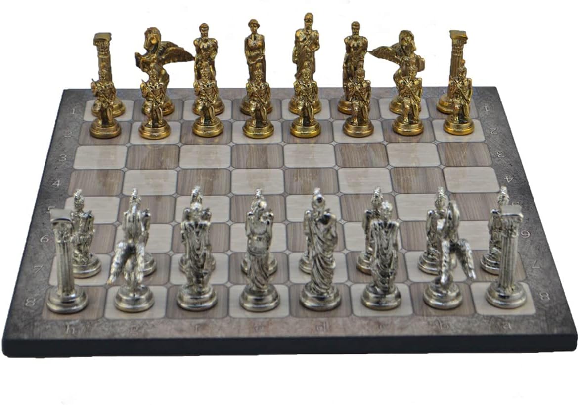 Metal Chess Sets for Adult Medium Mythologic Pegasus Figures,Handmade Pieces and Different Design Wooden Chess Board (Platin Oak)