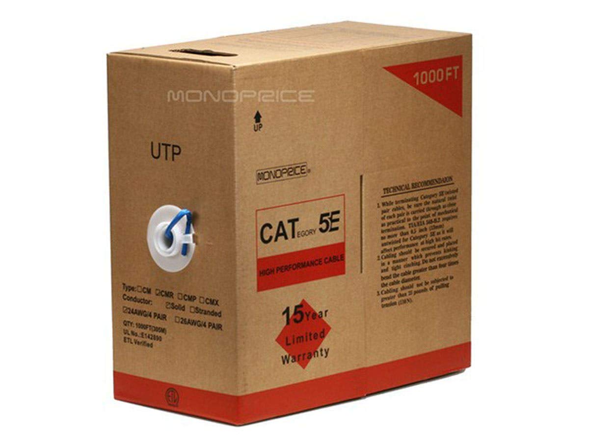 Monoprice Cavo Ethernet Cat5e Bulk – Cavo di Rete Internet – 304,8 m – Blu, Solido, 350 MHz, UTP, CMR, Riser Rated, Filo di Rame Puro Nudo, 24 AWG