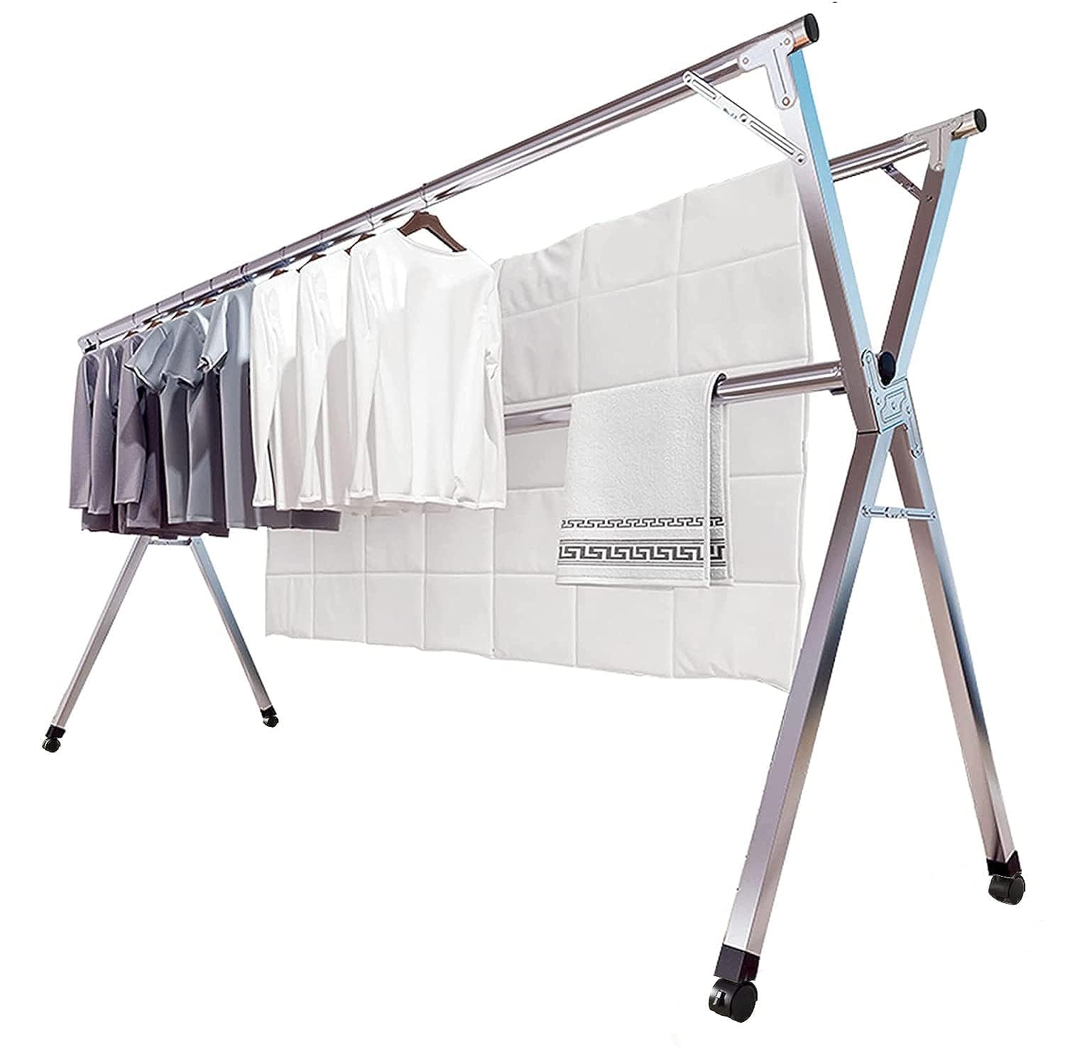 AIDALEE 1.6M/63 Inches Stainless Steel Clothes Drying Rack Adjustable and Foldable Space Saving Laundry Coat Rack X Shaped Clothes Hanging Floor Stand Movable