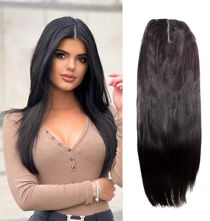 Fully 19 Inch Long Silk Base Synthetic Hair Topper for Women | Silky Straight Middle Partition Hair Extension with 3 Clip in Hair Pieces for Women for Thinning Hair and Instant Length Black-image-29
