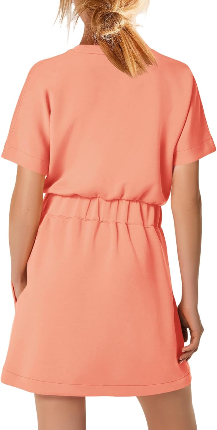SENSERISE Tshirt Dress Women Short Sleeve Dress with Pockets Crewneck Solid Color Basic Casual Lounge Dresses(Coral Pink,XL) - Image 2