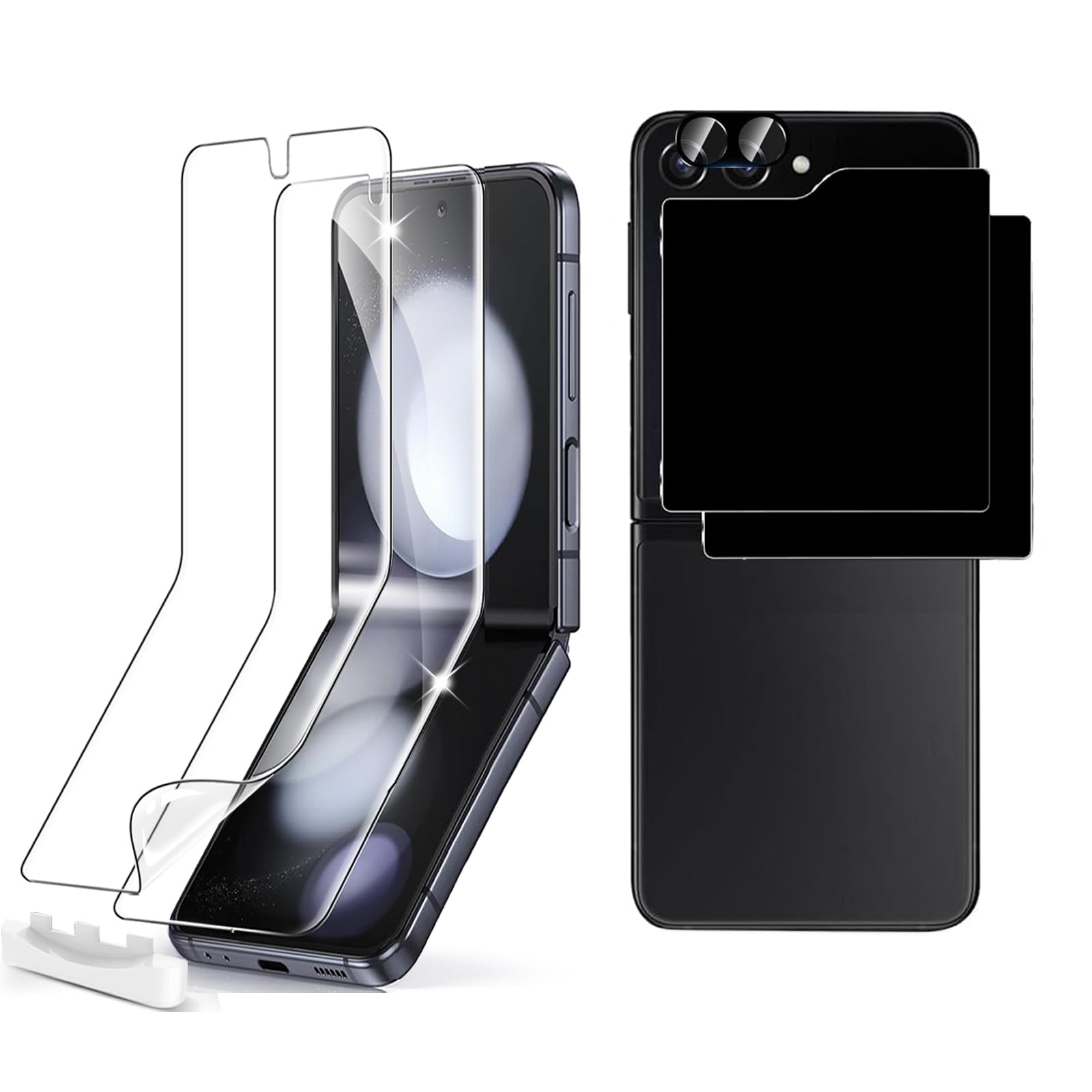 Folia ochronna na ekran Samsung Galaxy Z Flip 5, 2 sztuki wewnętrznej miękkiej folii TPU + 2 szt. ochraniaczy ekranu ze szkła hartowanego z przodu, przyjazne dla etui, wrażliwe na dotyk