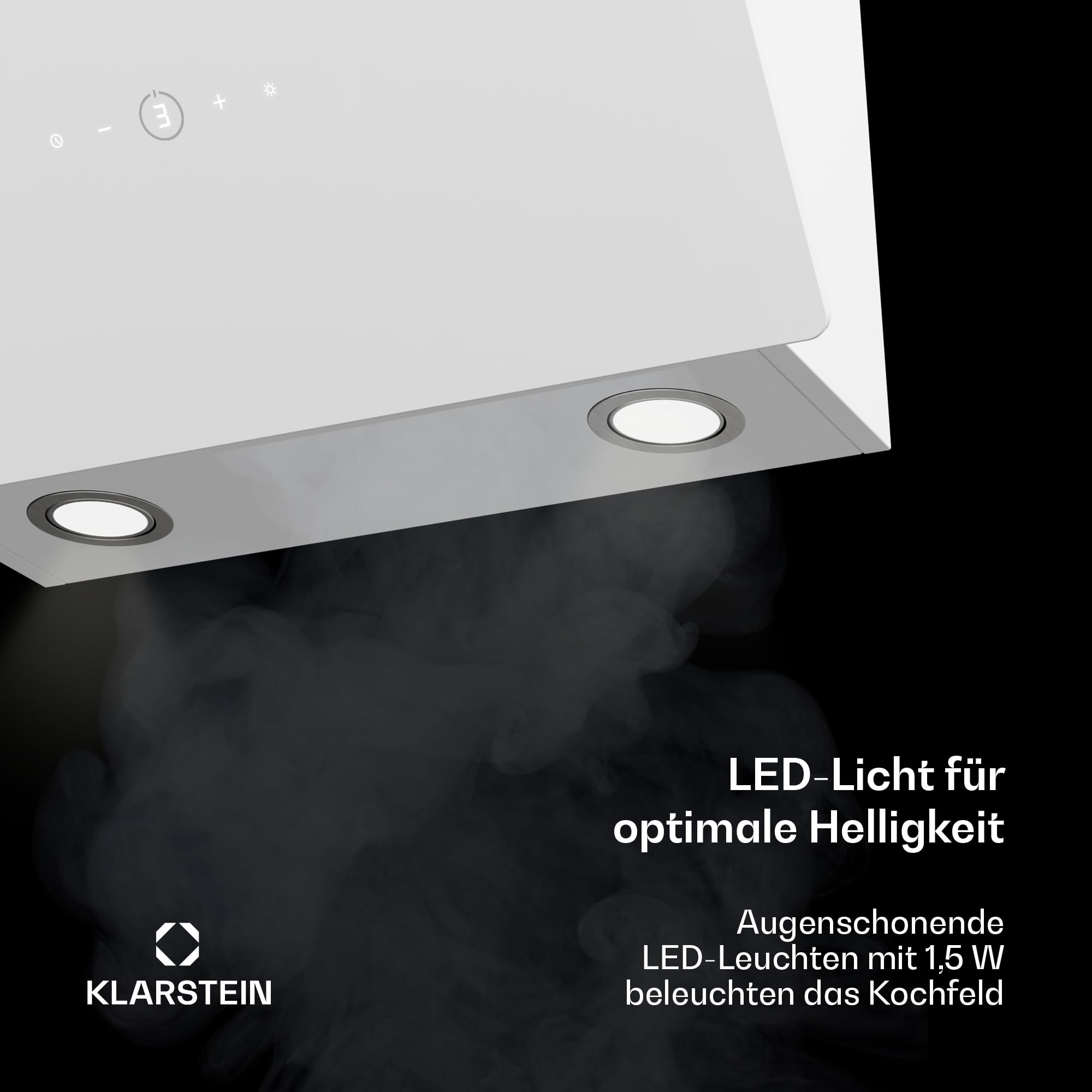 Klarstein MaxAir Dunstabzugshaube - 50 cm kopffreie Haube, Touch-Bedienung, 183-336 m³/h Luftstrom, Energieeffizienzklasse A++, LED-Beleuchtung, Weiß, Abluft und Umluft, Leise 50 dB