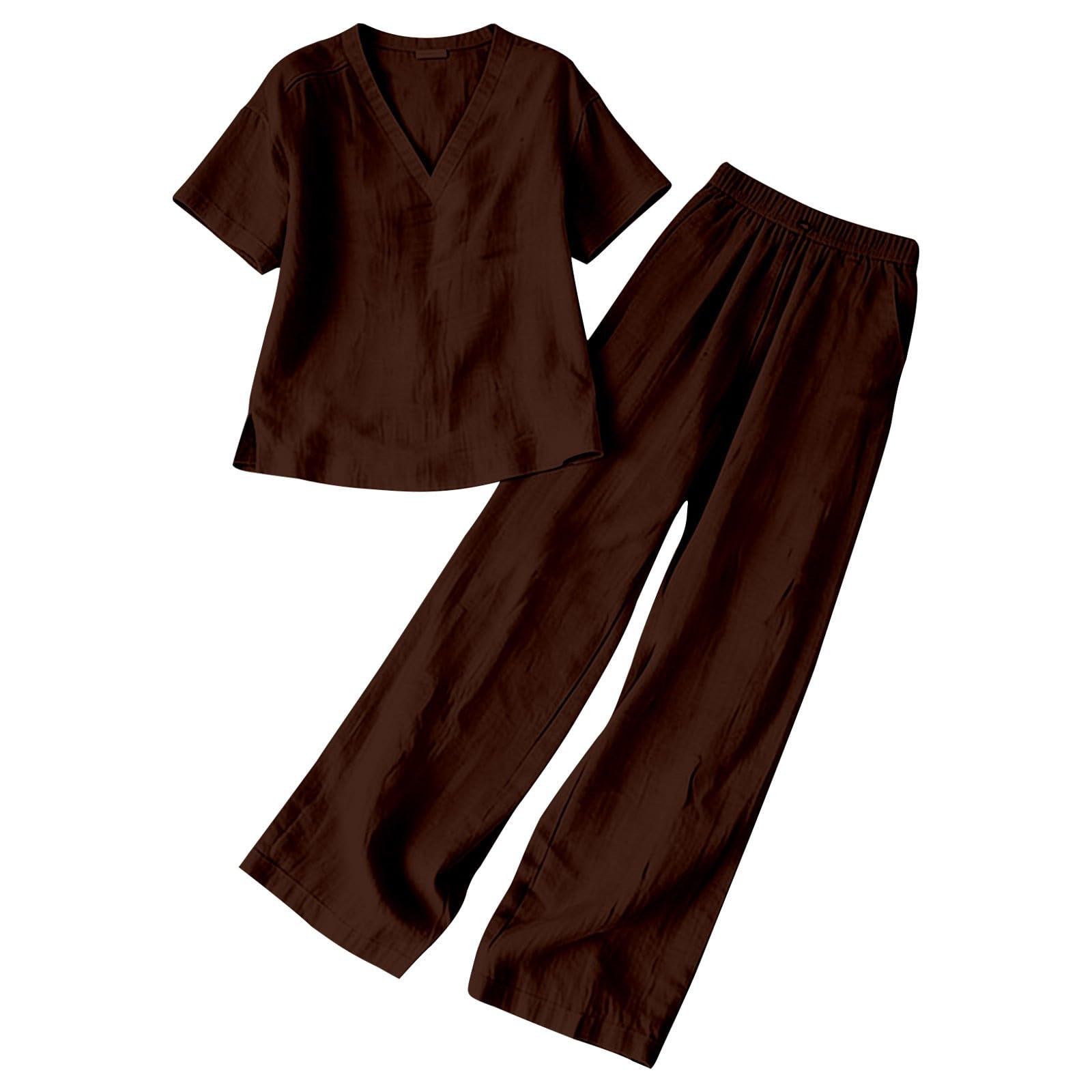 Conjunto de dos piezas de lino y algodón para mujer, blusa de manga corta con cuello en V, cintura alta, pantalones de pierna ancha, casual, ajuste holgado, transpirable, ropa de verano cómoda para la
