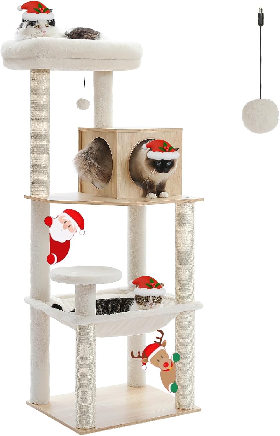 PETEPELA Wood Cat Tree for Indoor Cats Multi-Level Tower with Sisal Covered Scratching Posts, Cozy Condo, Super Large Hammock and Plush Perches Faux Rabbit Milk Fur Beige Rabbit Fur Wood Beige 56 Inches Wood Beige