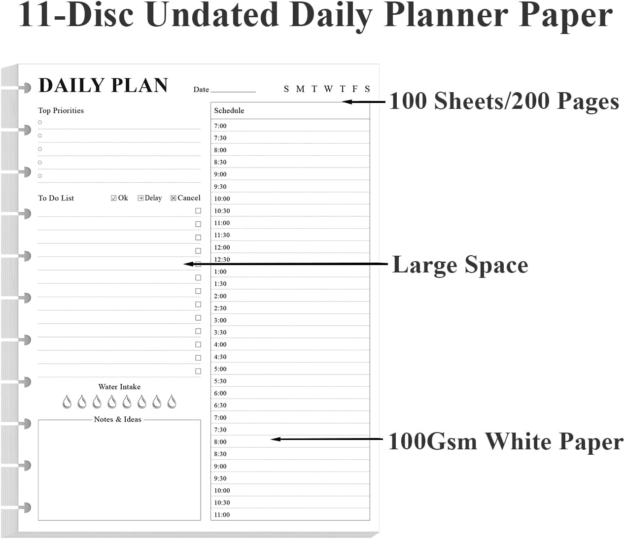 (2-Pack) Undated Daily Planner Refill - 11 Disc Discbound To Do List Refills, Letter Size 200 Sheets/400 Pages Planner and Lined Refill, Day Planner Insert, 100 gsm White Paper, 8.5'' x 11''
