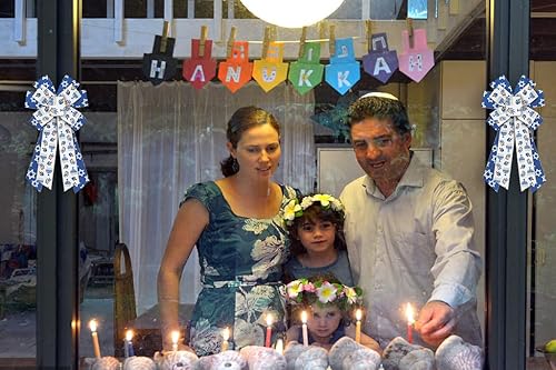 Miniatura 6 de 2 rollos de cintas de Hanukkah de 10 yardas, 2.5 pulgadas, con borde de alambre, cinta de arpillera azul y blanca judía de Navidad, Menorá Dreidel