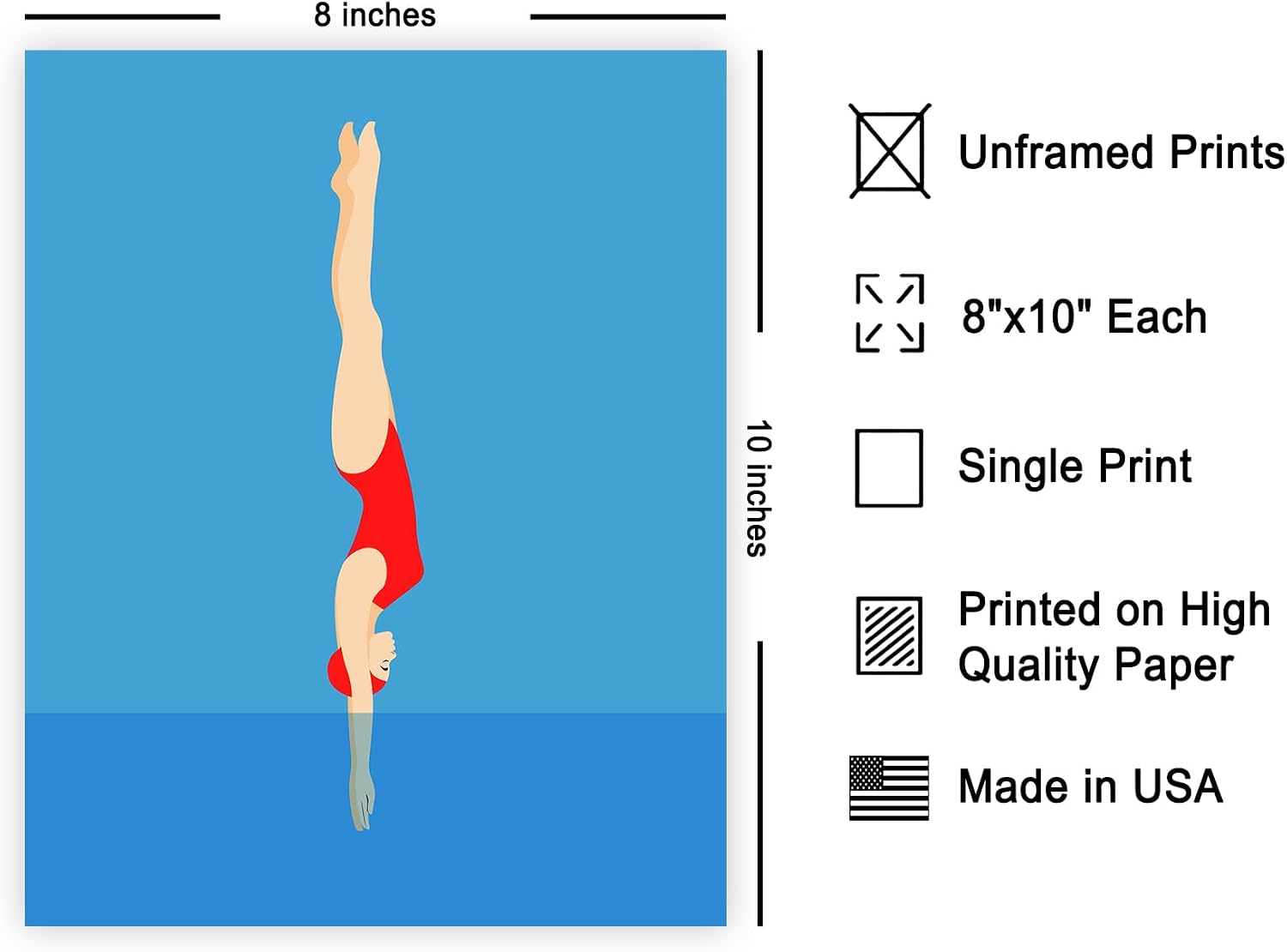 Poster Master Sports Poster - Swimming Print - Diving Art - Fitness Illustration - Athlete Graphic - Minimal Artwork - Great Living Room or Gym Wall Decor - 8x10 UNFRAMED Wall Decor