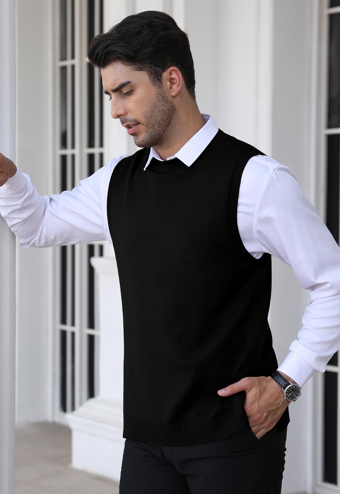 KUYIGO Chaleco sin mangas clásico para hombre, cuello redondo, tejido de punto, cárdigan, camiseta sin mangas