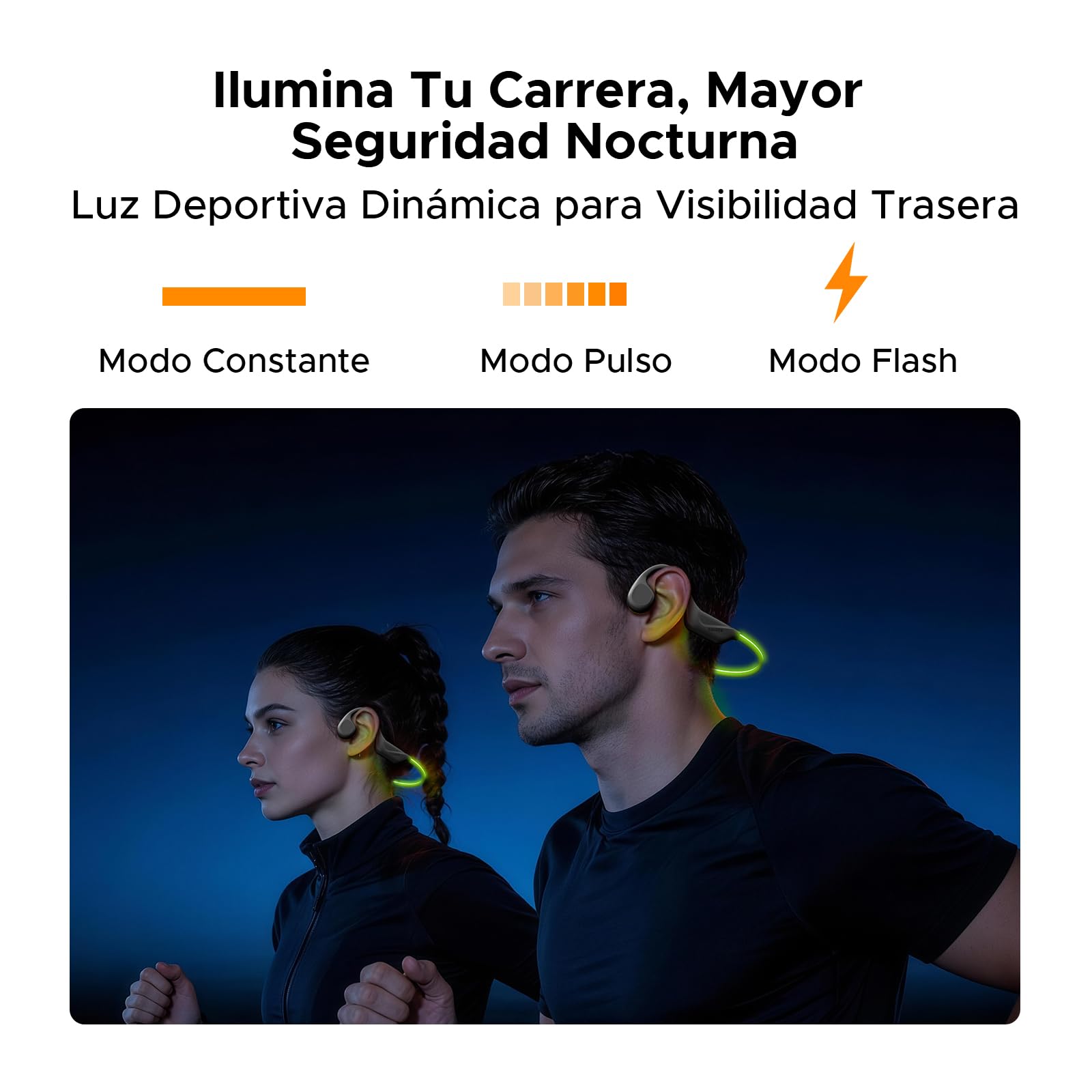 BoneBeatRunRay Auriculares Conduccion Auriculares Deportivos Inalámbricos Open-Ear con Luz LED Seguridad Auriculares Impermeables IP66 10h Autonomía Carga Rápida para Correr Gimnasio-Negro