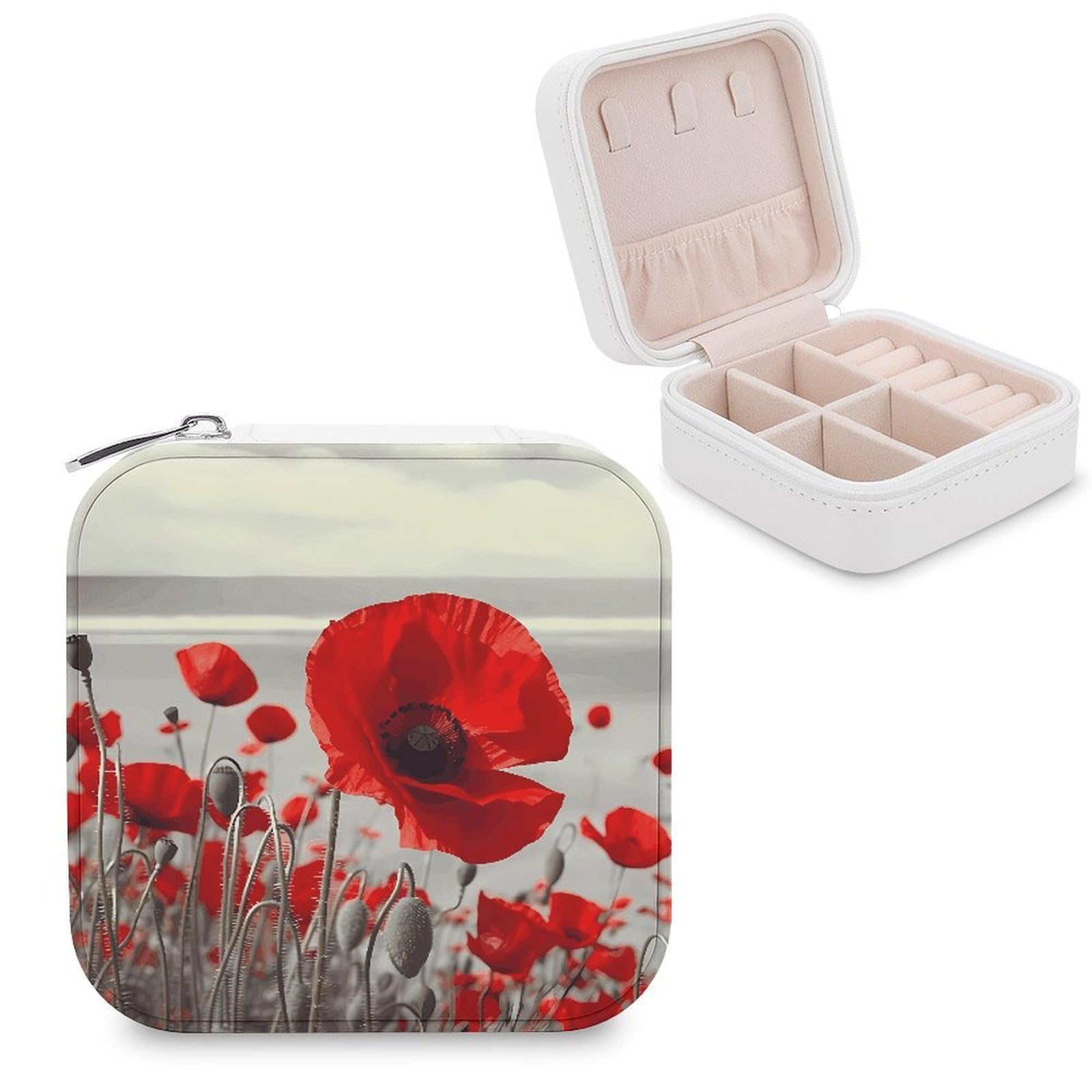 LZQPOEAS Red Poppy Flower Jewelry Box, PU Patterned Storage Case, Portable Travel Jewelry Organizer Box for Storing Rings, Pendants, Earrings, Necklaces, And Women's Specialized