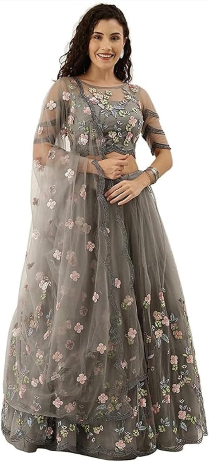 ZAALIMA FASHION women's Silk semi-stitched Lehenga choli with Dupatta (i phone lehenga_GREY_Free Size)