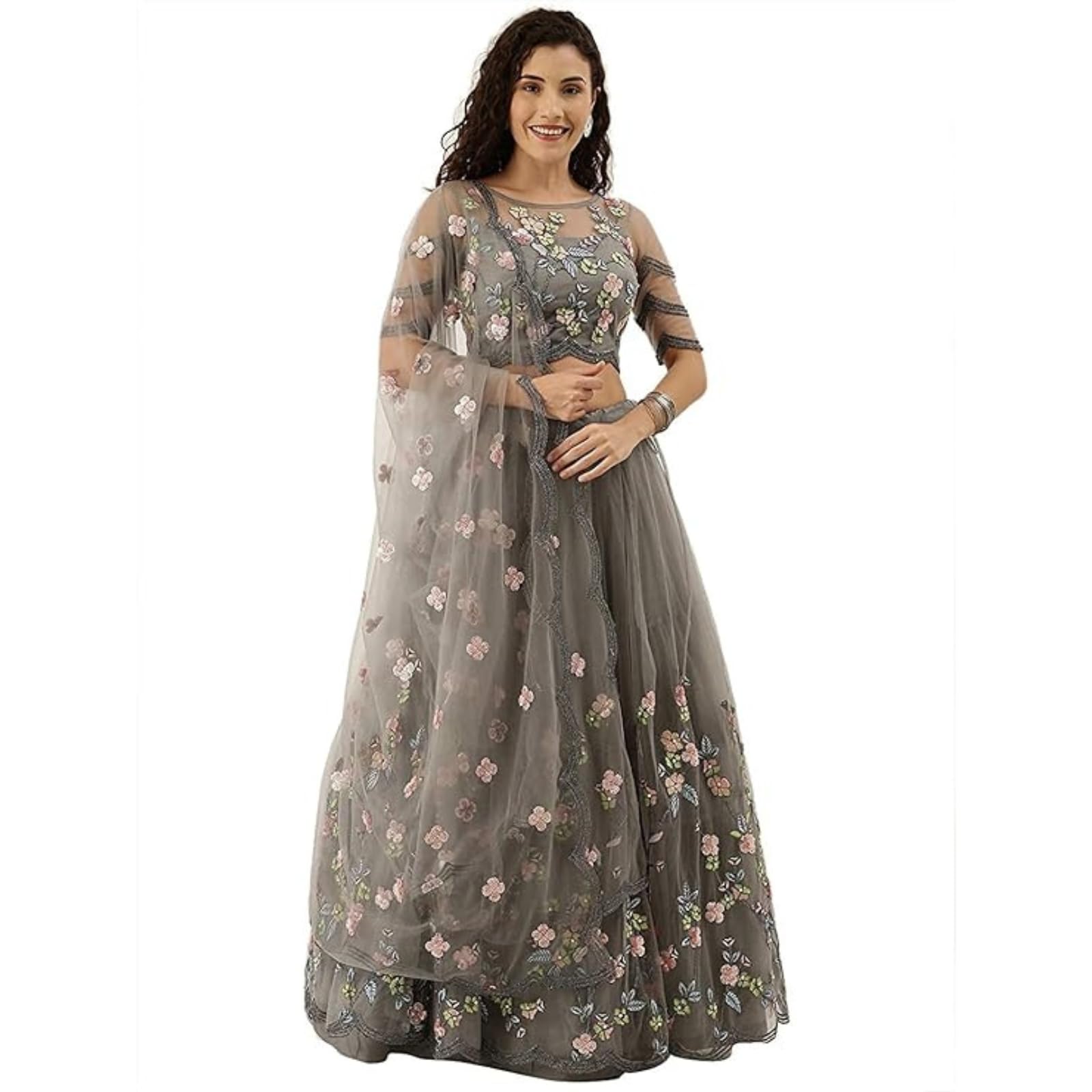 ZAALIMA FASHION women's Silk semi-stitched Lehenga choli with Dupatta (i phone lehenga_GREY_Free Size)
