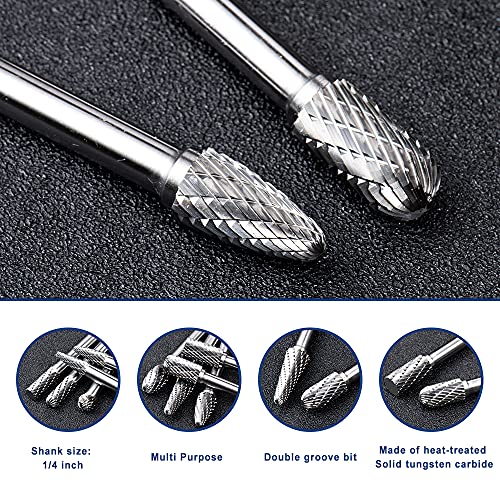 Image of 1 /4 inch Shank 10pcs Double Cut Solid Carbide Rotary Burr Set | Carbide Burrs Die Grinder Bits for Steel,Metal Carving, Polishing,Engraving,Drilling