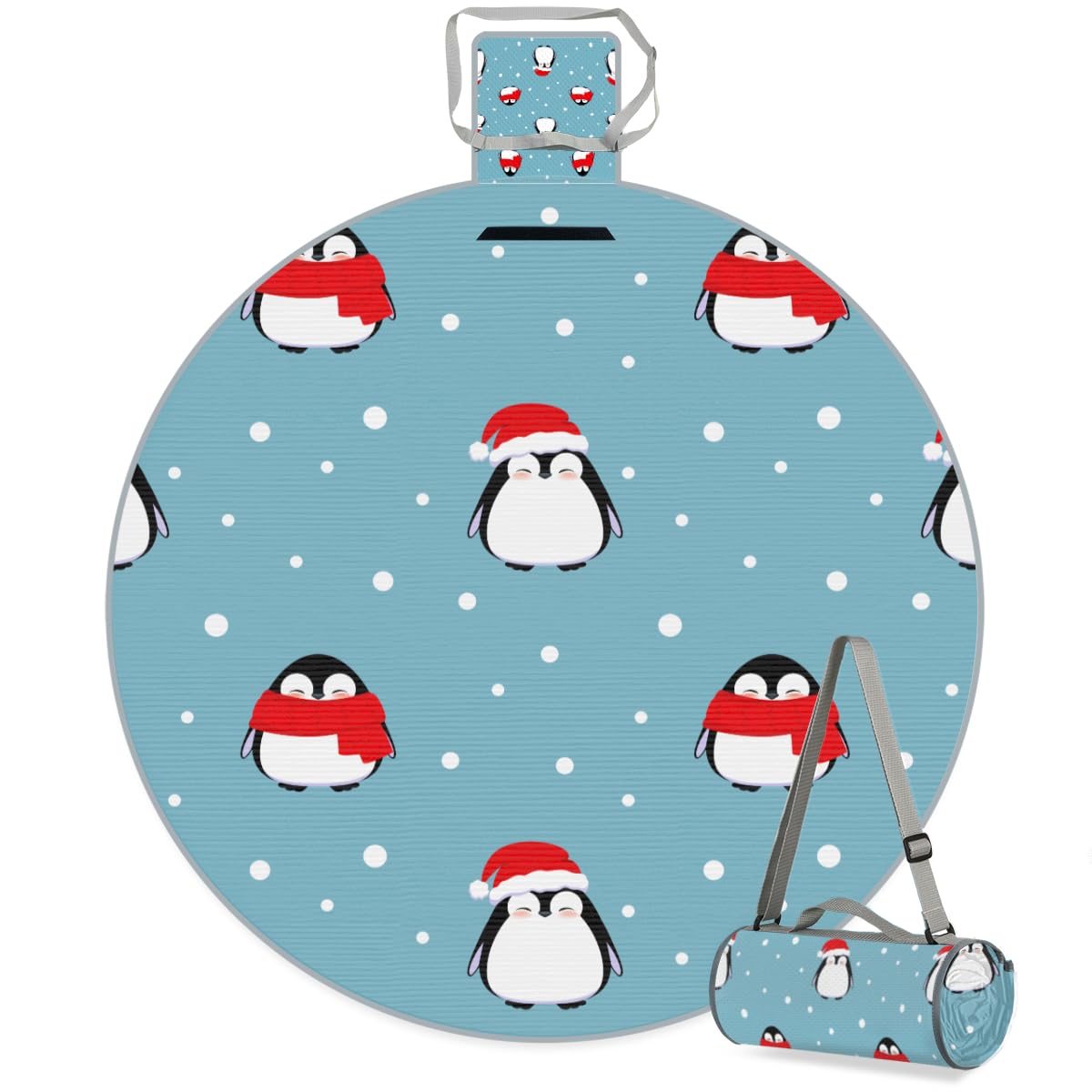 Shimoshe Snowflake Christmas Penguin Picnic Outdoor Blanket Foldable Waterproof Sandproof Beach Blanket Portable Water-Resistant Round Picnic Mat for Travel Camping Park Lawn