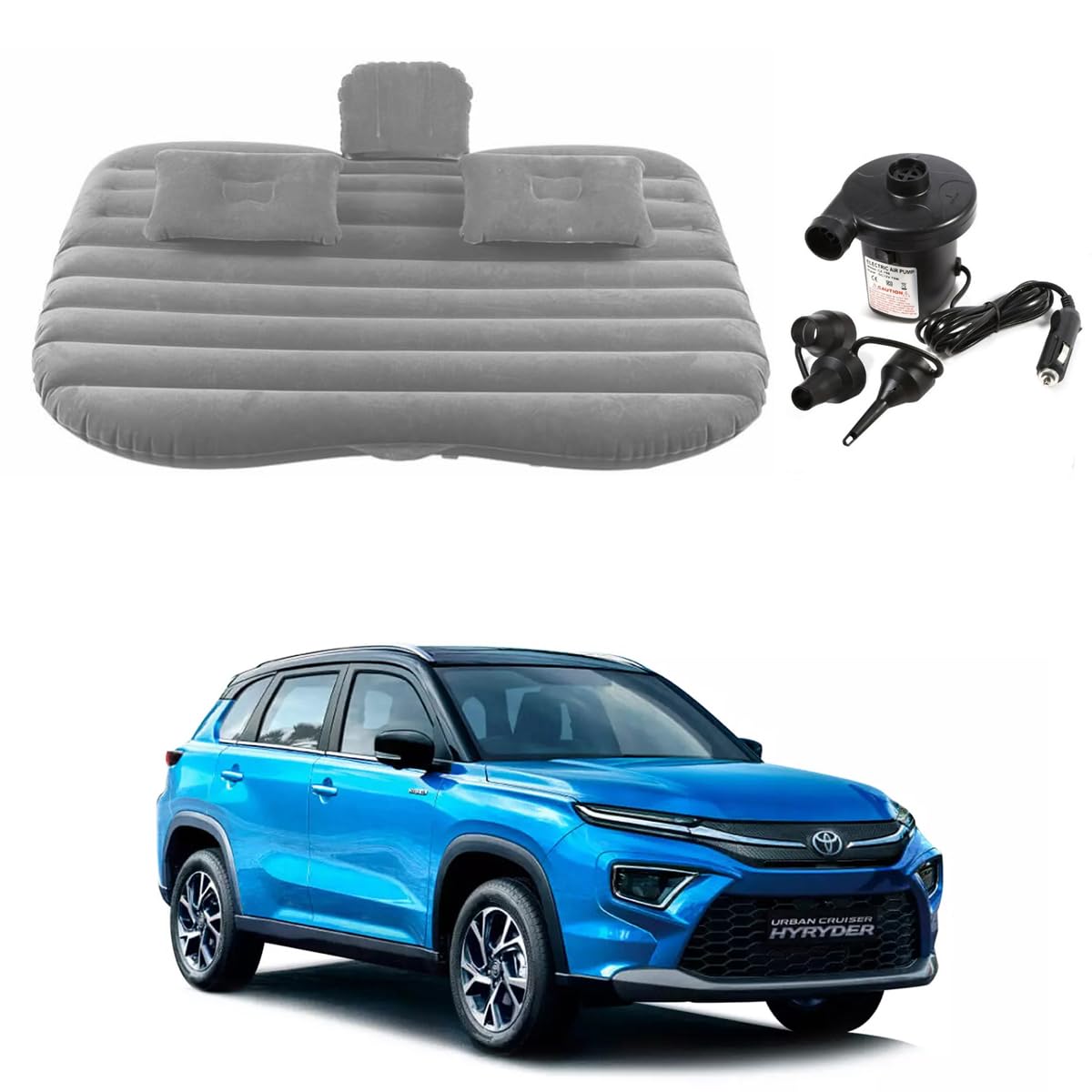 Oshotto Multifunctional Car Travel Bed Mattress with Two Air Pillows, Car Air Pump Compatible with Toyota Urban Cruiser Hyryder 2022 Onwards (Grey)
